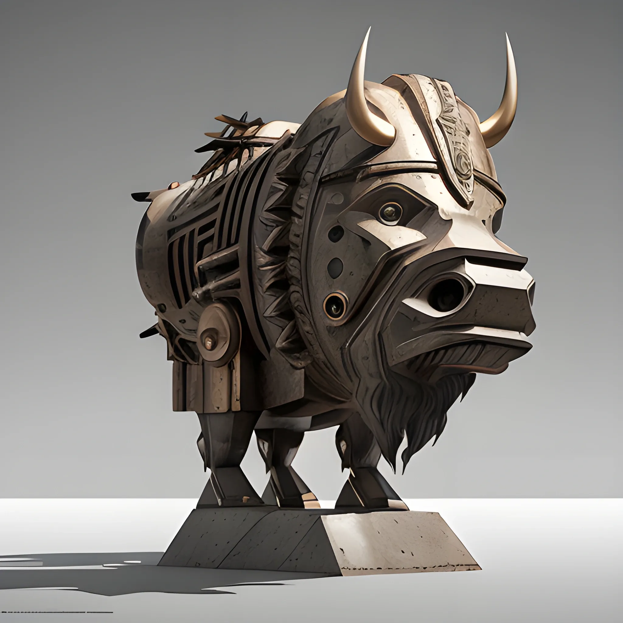 sculptural set in Brancusi style , Big metalical Bison featured native american hunters, gear and riveted steel,  digital matte realistic painting, illustration sharp focus, elegant intricate digital painting abstract concept art global illumination ray tracing advanced technology, simple composition, 


