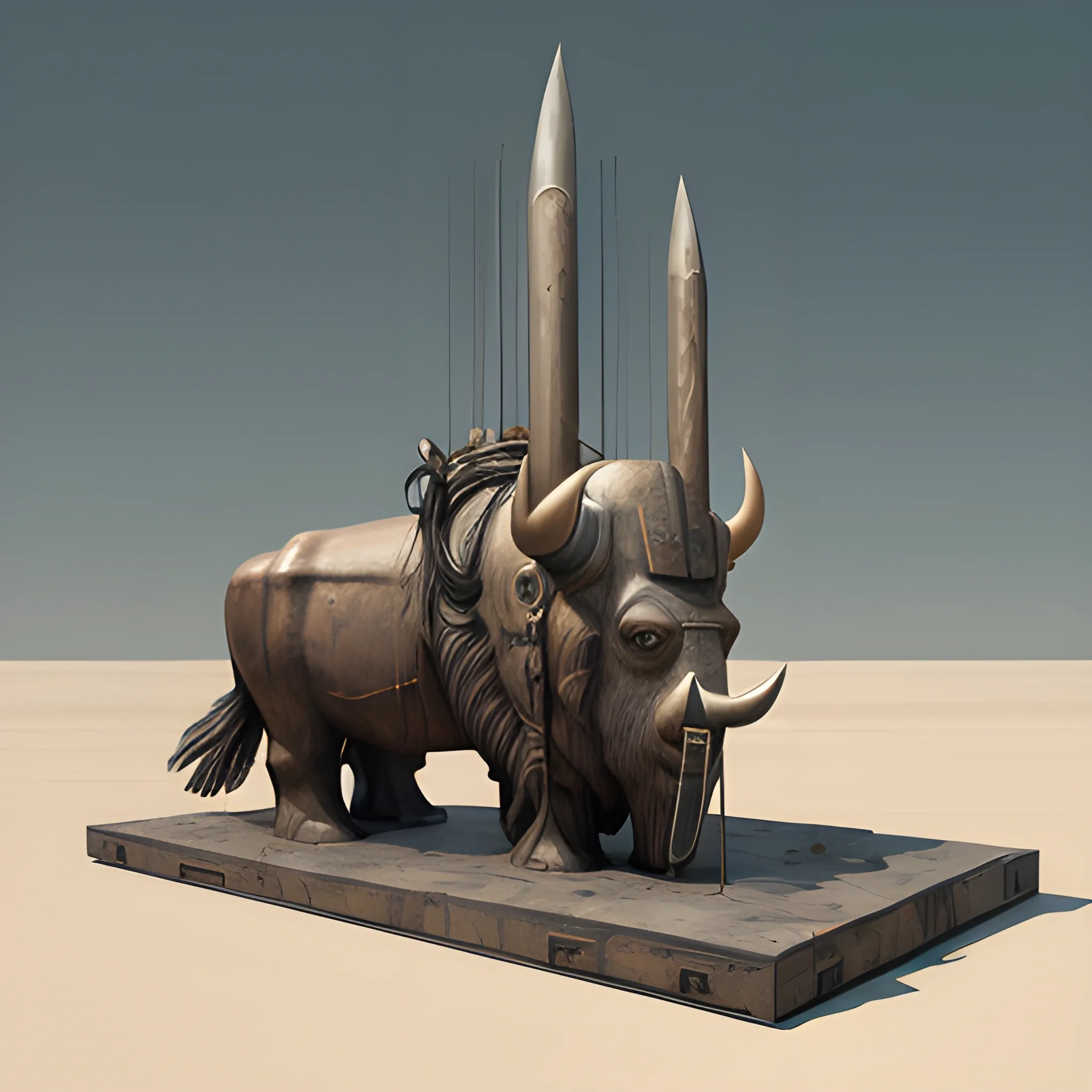 sculptural set in Brancusi style , Big metalical Bison featured native american hunters, gear and riveted steel,  digital matte realistic surface, illustration sharp focus, elegant intricate digital painting abstract concept art global illumination ray tracing advanced technology, simple composition, 

