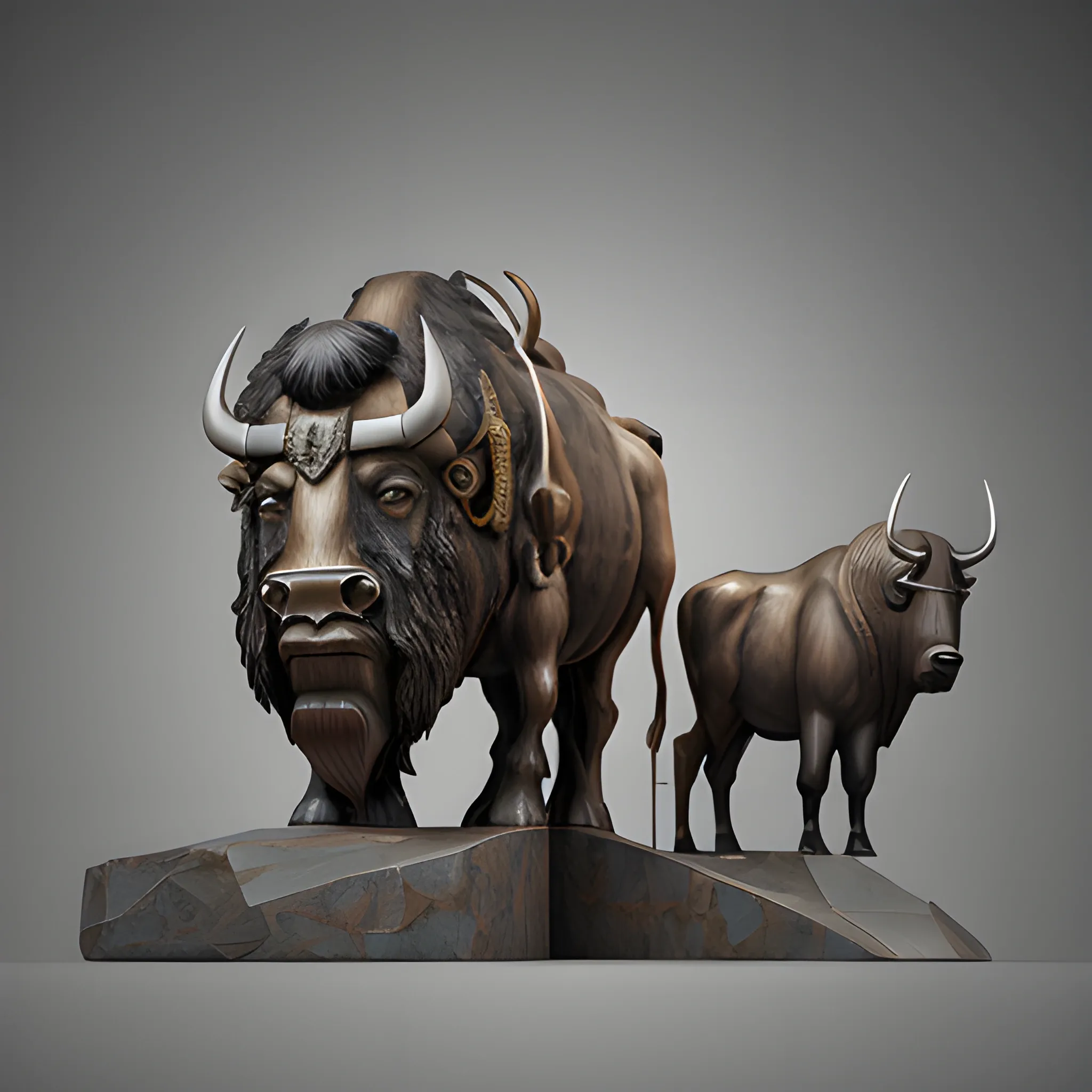 sculptural set in Brancusi style , Big metalical Bison featured native american hunters, gear and riveted steel,  digital matte realistic surface, illustration sharp focus, elegant intricate digital painting abstract concept art global illumination ray tracing advanced technology, simple composition, elegant shapes, glam finish

