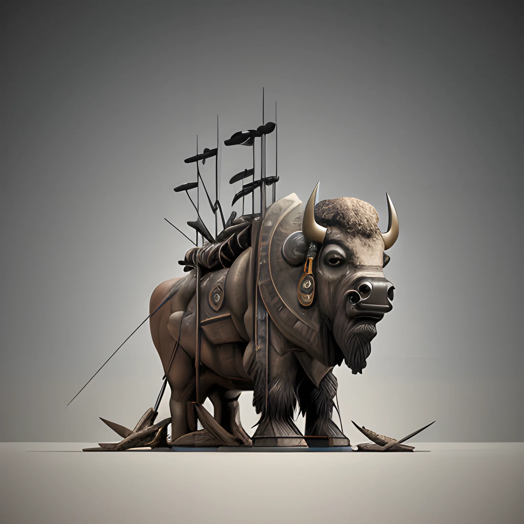 sculptural set in Brancusi style , Big metalical Bison featured native american hunters, gear and riveted steel,  digital matte realistic surface, illustration sharp focus, elegant intricate digital painting, abstract concept, art global illumination, ray tracing advanced technology, simple composition, elegant shapes, glam monumental, low perspective look

