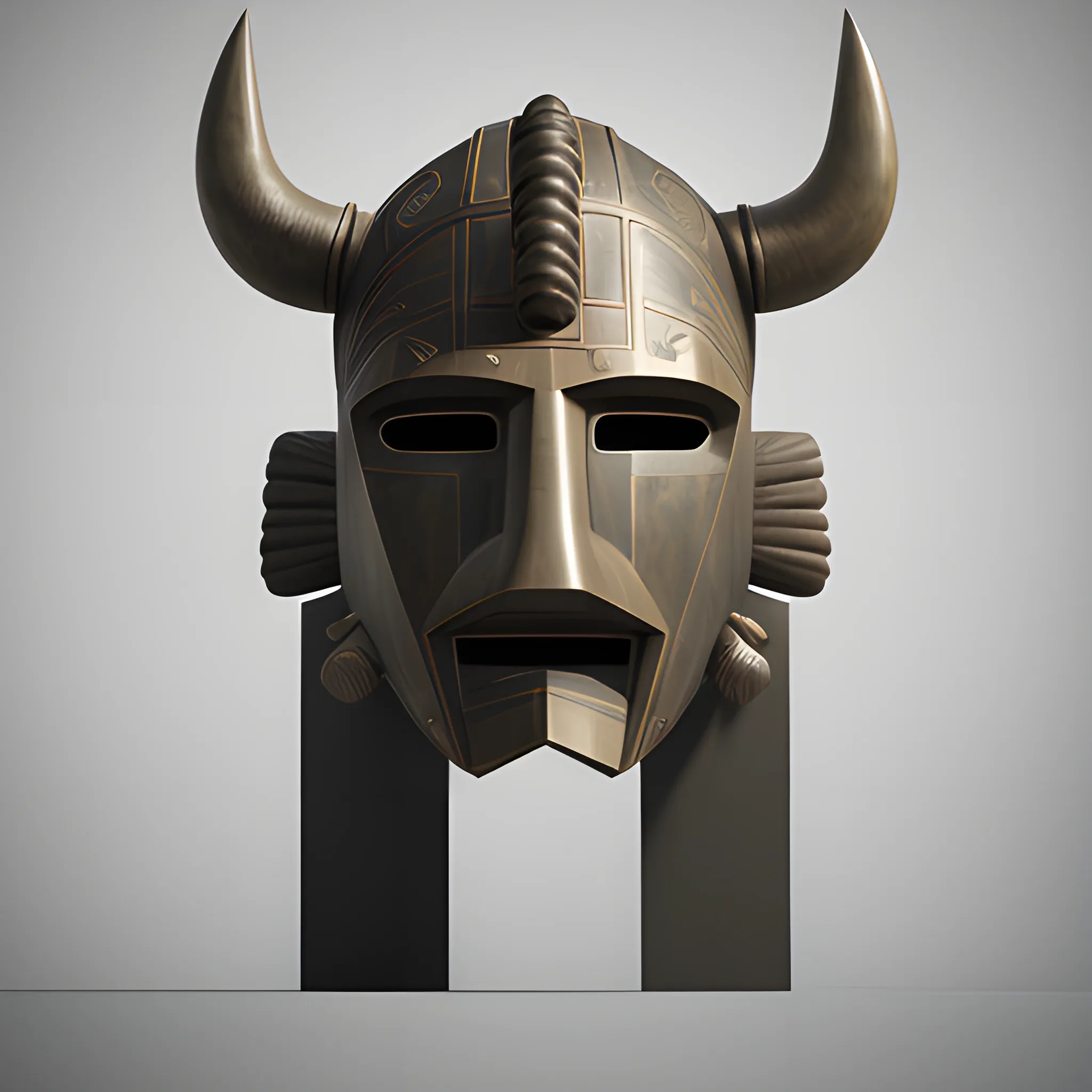sculptural set in Brancusi style , Big metalical Bison featured native polynesian mask, gear and riveted steel,  digital matte realistic surface,  sharp focus, elegant intricate digital painting, abstract concept, art global illumination, ray tracing advanced technology, simple composition, elegant shapes, glam monumental, low perspective look

