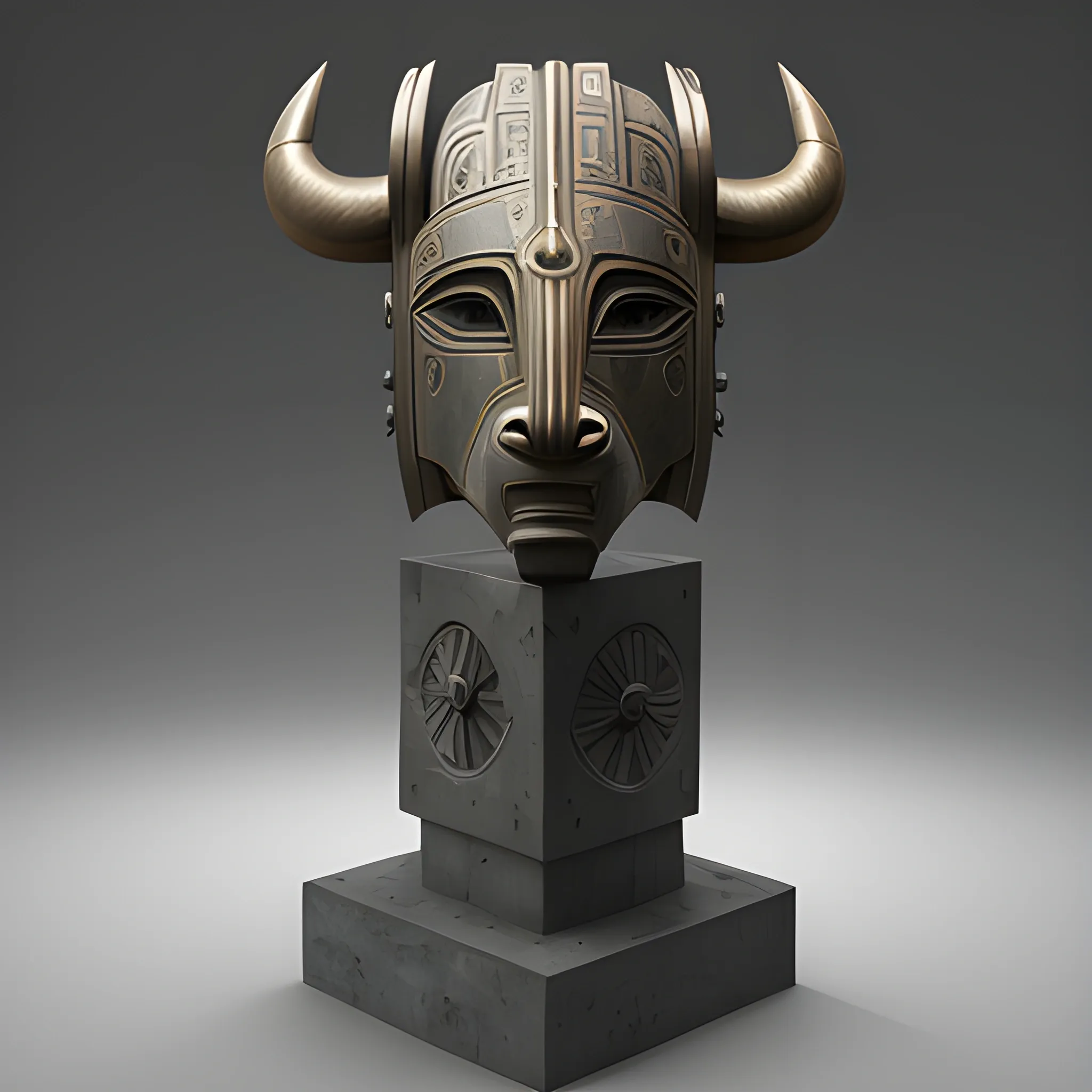 sculptural set in Brancusi style , Big metalical Bison featured native polynesian mask, gear and riveted steel, digital matte realistic surface, sharp focus, elegant intricate digital painting, abstract concept, art global illumination, ray tracing advanced technology, simple composition, elegant shapes, glam monumental, low perspective look

