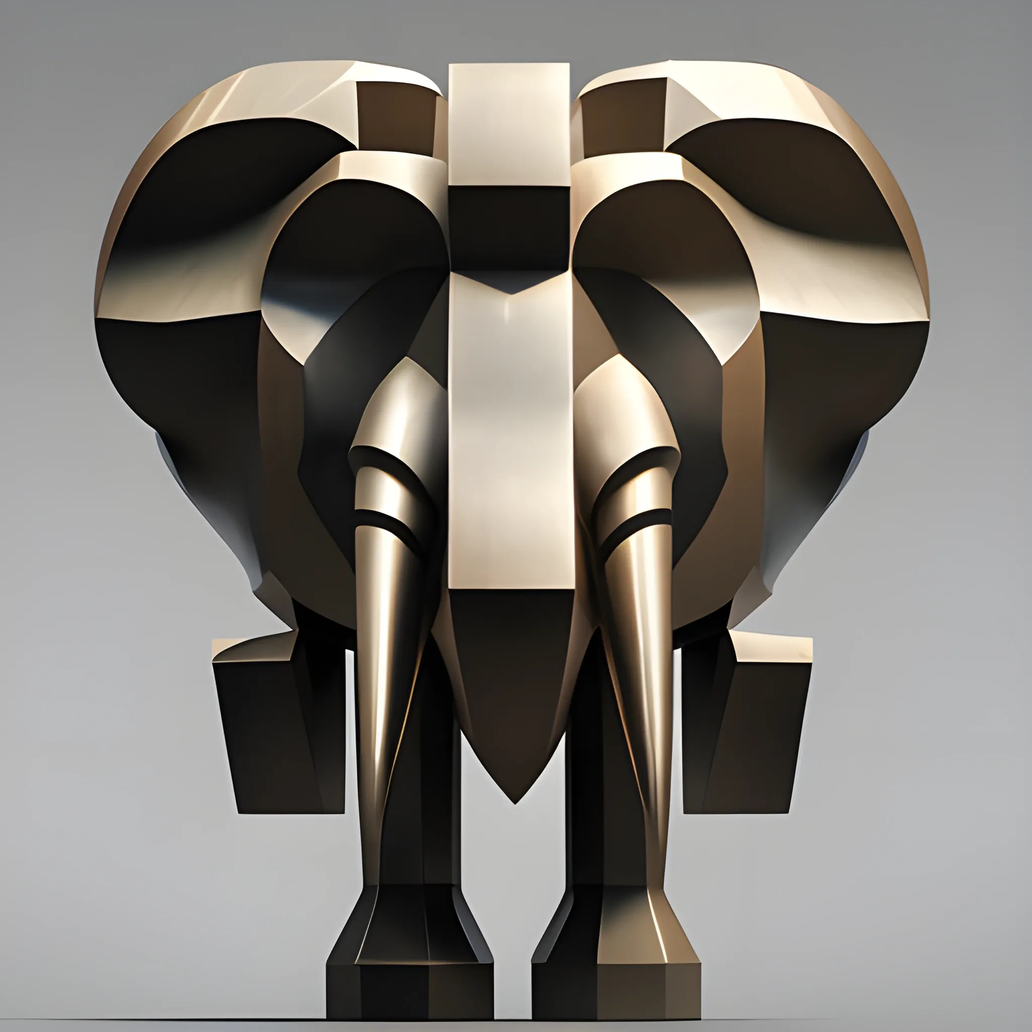 sculptural set in cubism Brancusi style , Big metalical Elephant featured native polynesian mask, gear and riveted steel, digital matte realistic surface, sharp focus, elegant intricate digital painting, abstract concept, art global illumination, ray tracing advanced technology, simple composition, elegant shapes, glam monumental, low perspective look, not horn,  big two fangs, big long trunk

