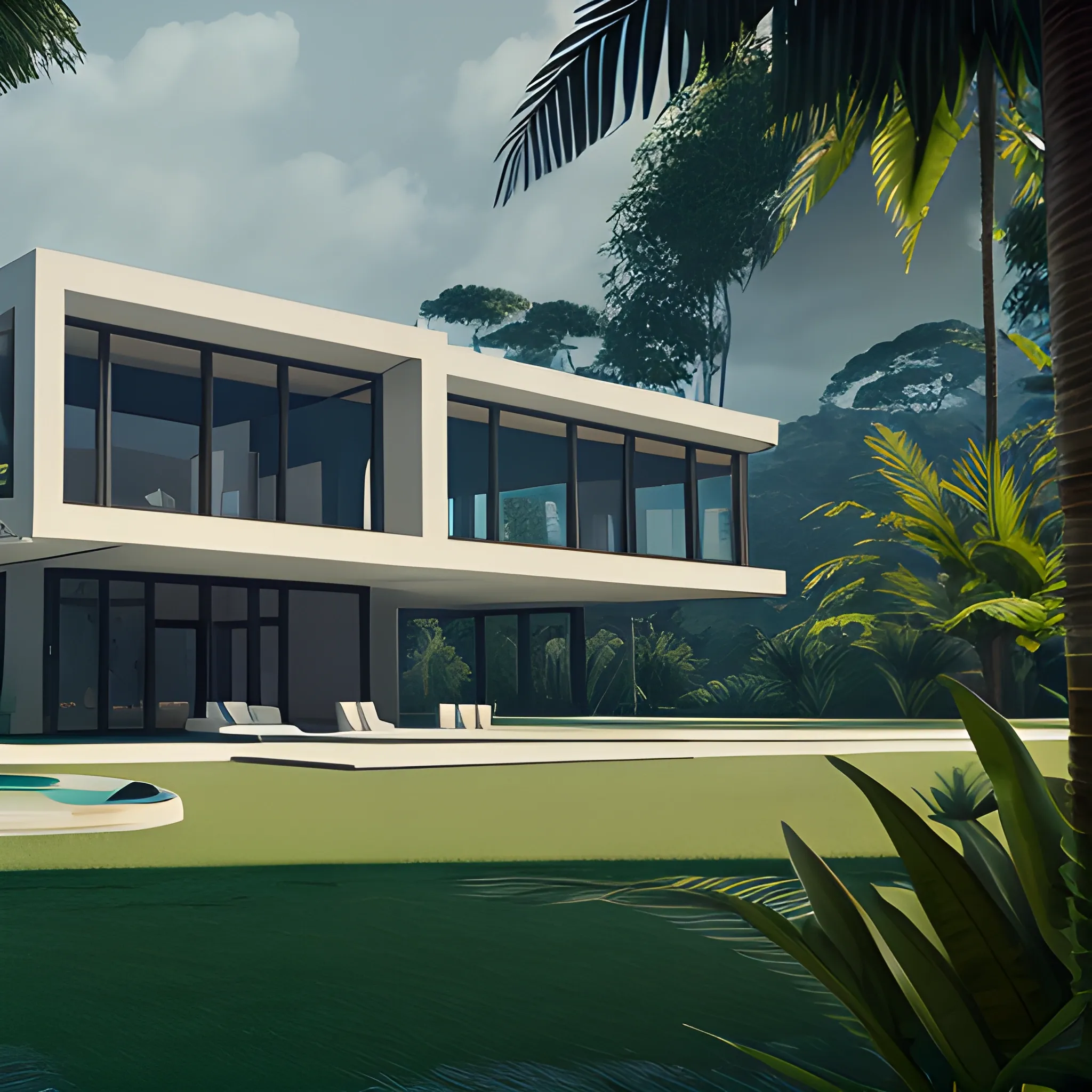 Modern mansion in the middle of the south america jungle, 8k, raw, perfecto details, unreal engine 5, 