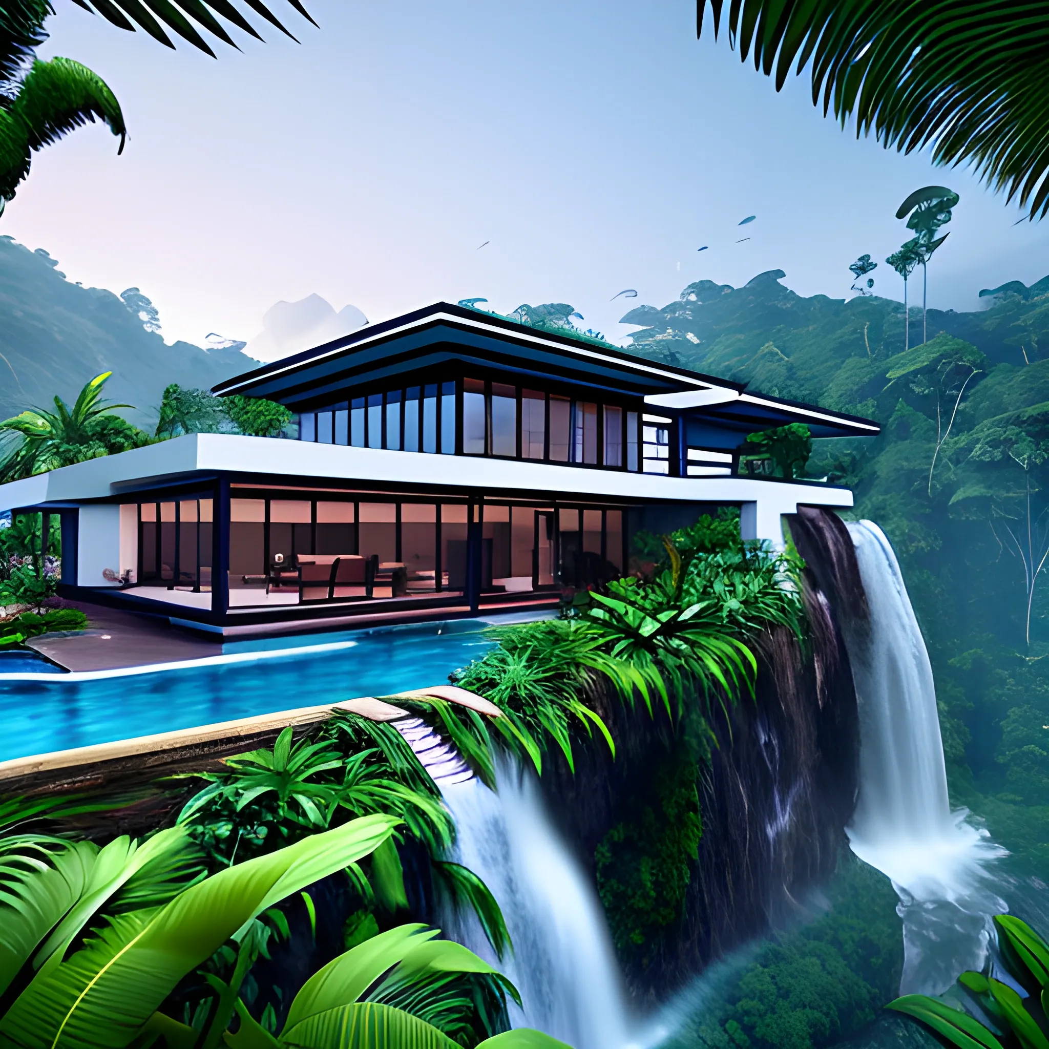 Modern mansion in the middle of the south america jungle mountains,  with waterfall,  a lot of jungle birds, 8k, raw, perfecto details, unreal engine 5, 