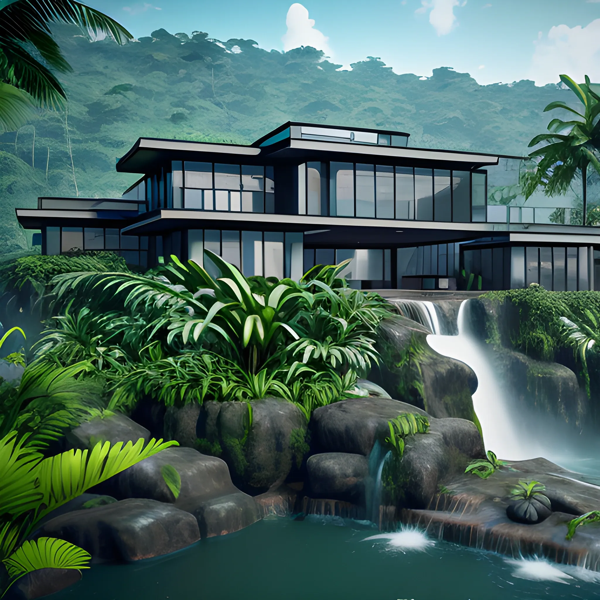 Modern mansion in the middle of the south america jungle mountains,  with waterfall,  a lot of jungle birds, 8k, raw, perfecto details, unreal engine 5, 