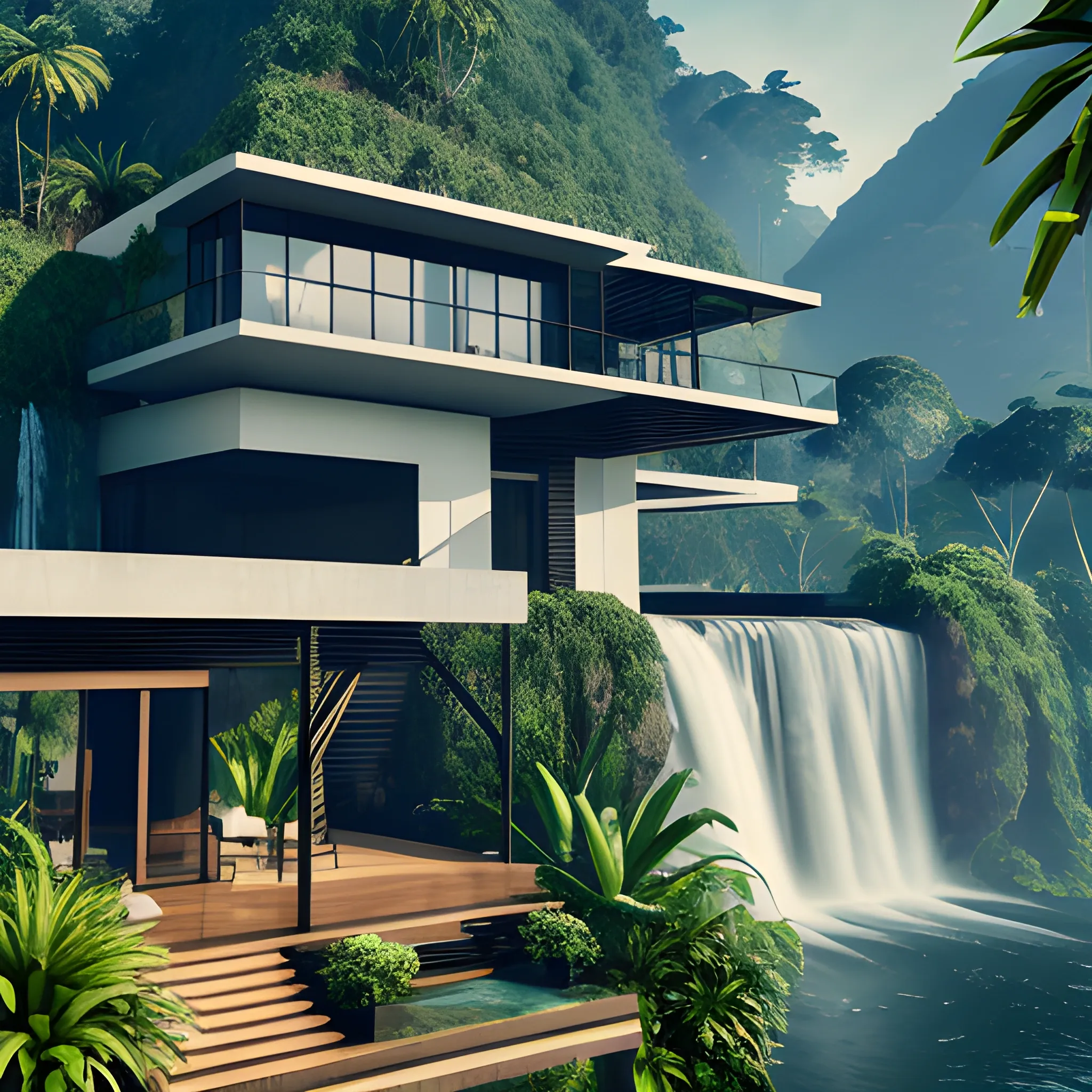 Modern mansion in the middle of the south america jungle mountains,  with waterfall,  a lot of jungle birds, 8k, raw, perfecto details, unreal engine 5, 