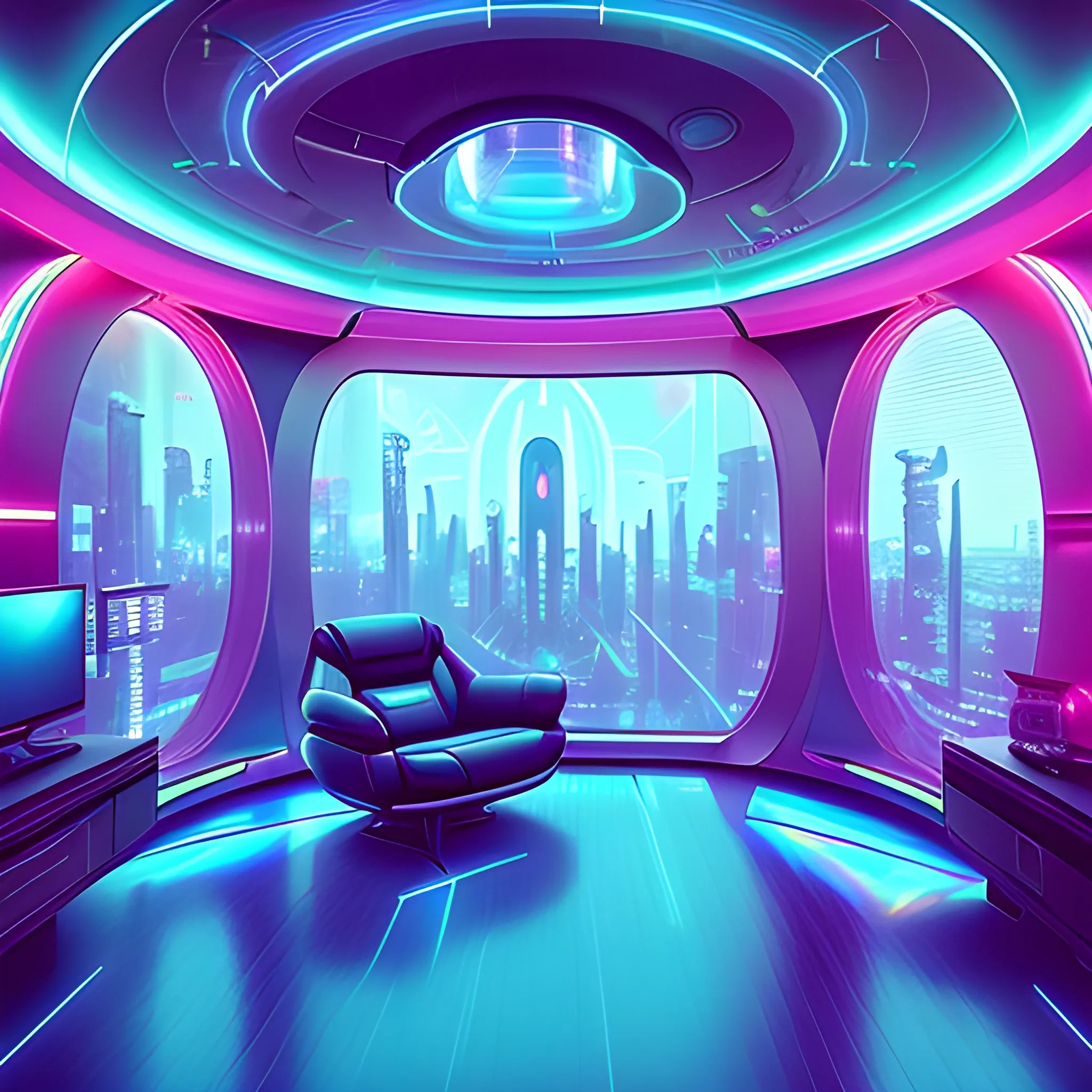  a futuristic bedroom with large curved ceiling,  high windows,  (futuristic decor: 1), looking out to a far future cityscape, sunny outside, scifi, (neon cyberpunk light:1.0), blade runner, (hologram:1.4) frame hung up on a wall 