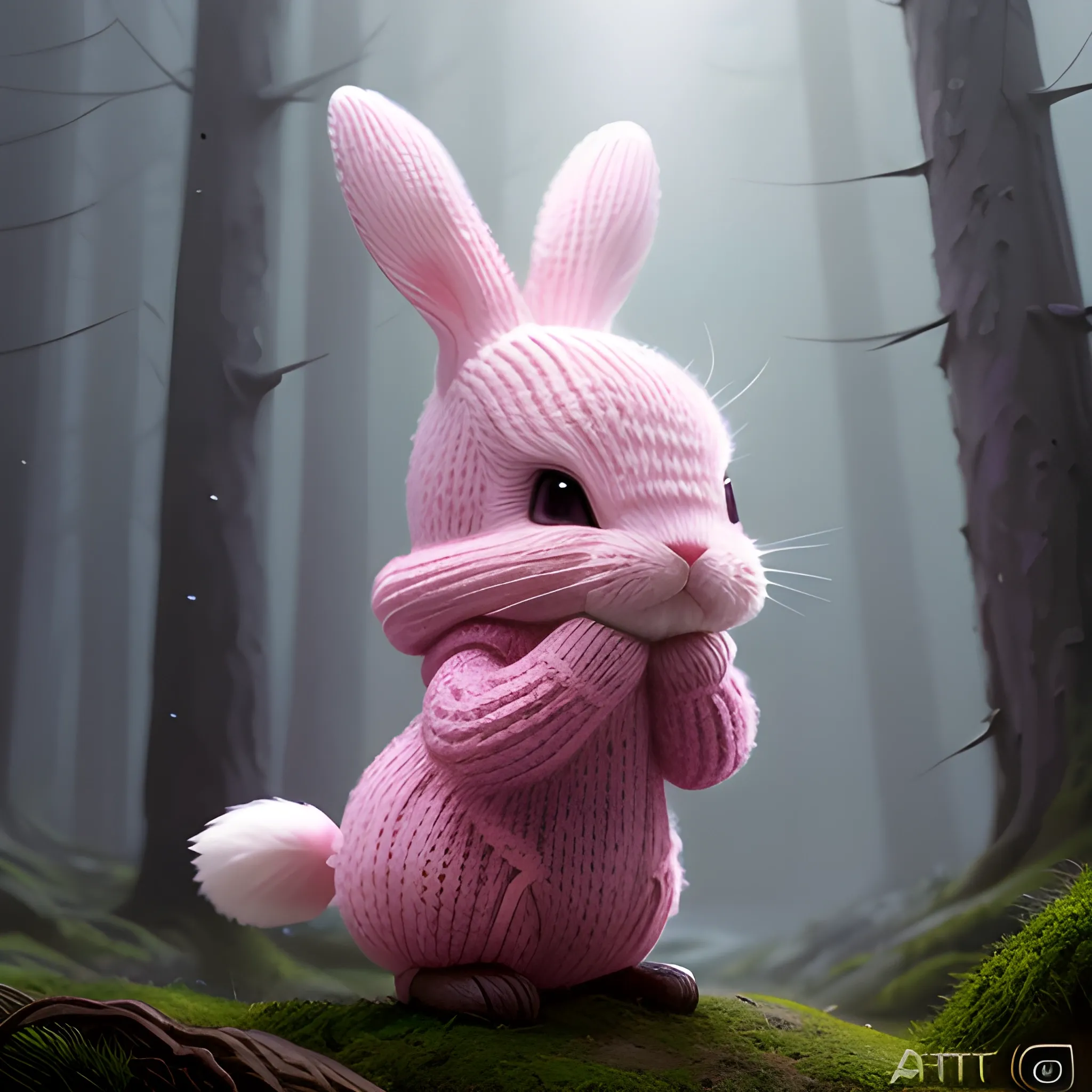 Pink cute bunny in a knitted hat, in the midst of flickering lights, a magical forest, lilac fog, wide angle, super highly detailed, professional digital painting, artstation, concept art, smooth, sharp focus, no blur, no dof, extreme illustration, Unreal Engine 5, Photorealism, HD quality, 8k resolution, cinema 4d, 3D, beautiful, cinematic, art by artgerm and greg rutkowski