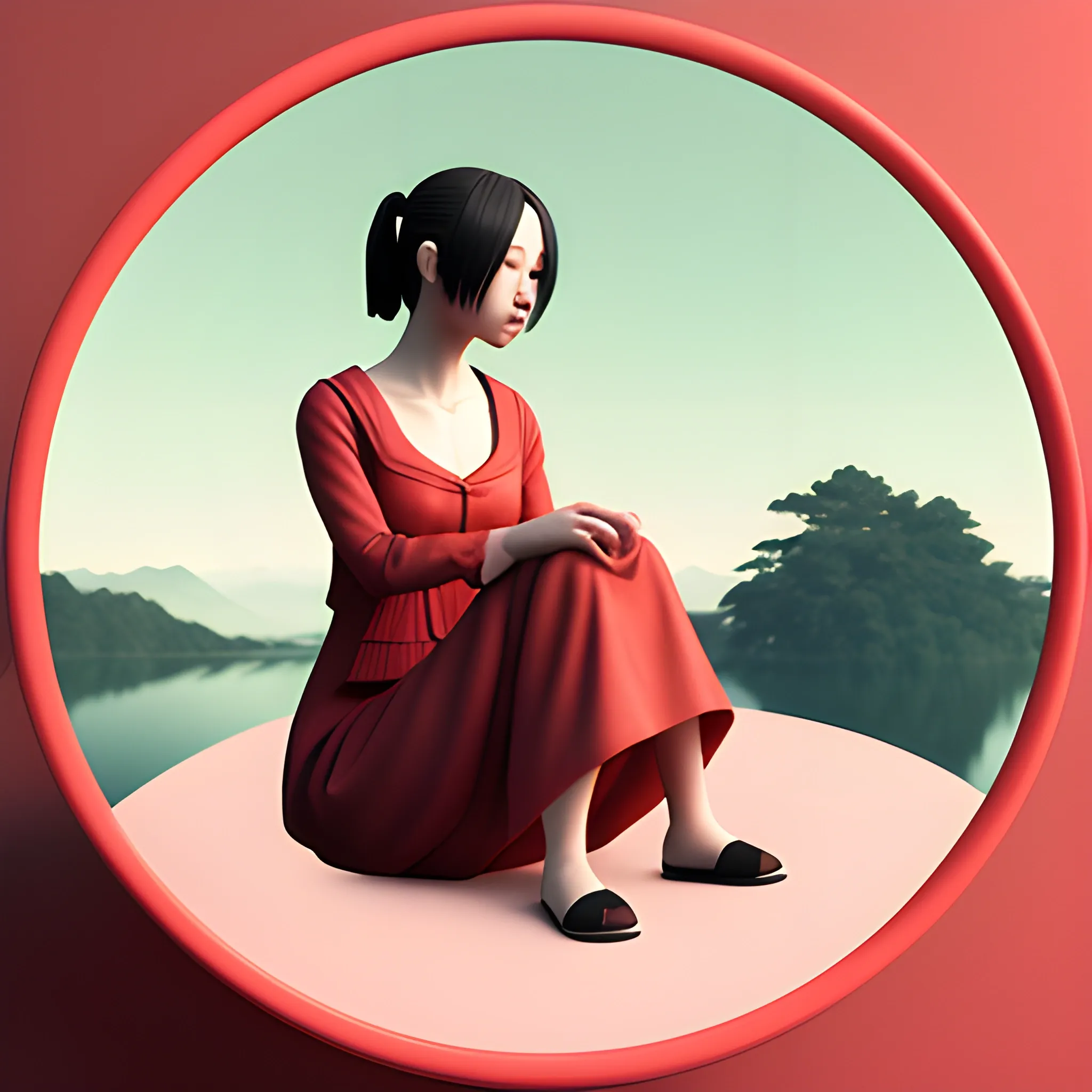 image of woman sitting in a red circle around something, in the style of japanese-style landscapes, minimal sculpture, daz3d, classical balance, matte photo, high quality photo --q 2 --s 750 --v 5.1