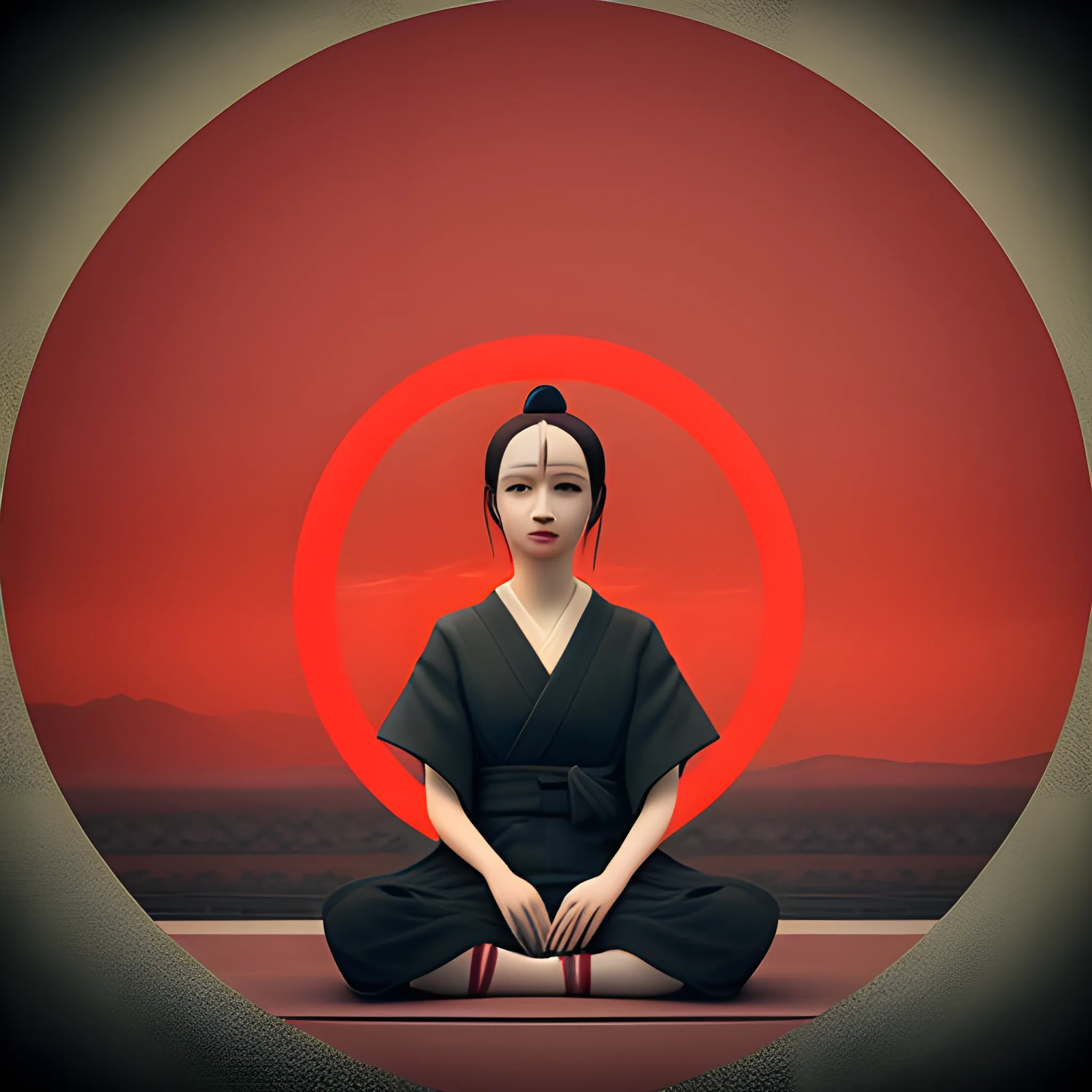 image of woman sitting in a red circle around something, in the style of japanese-style landscapes, minimal sculpture, daz3d, classical balance, matte photo, high quality photo --q 2 --s 750 --v 5.1