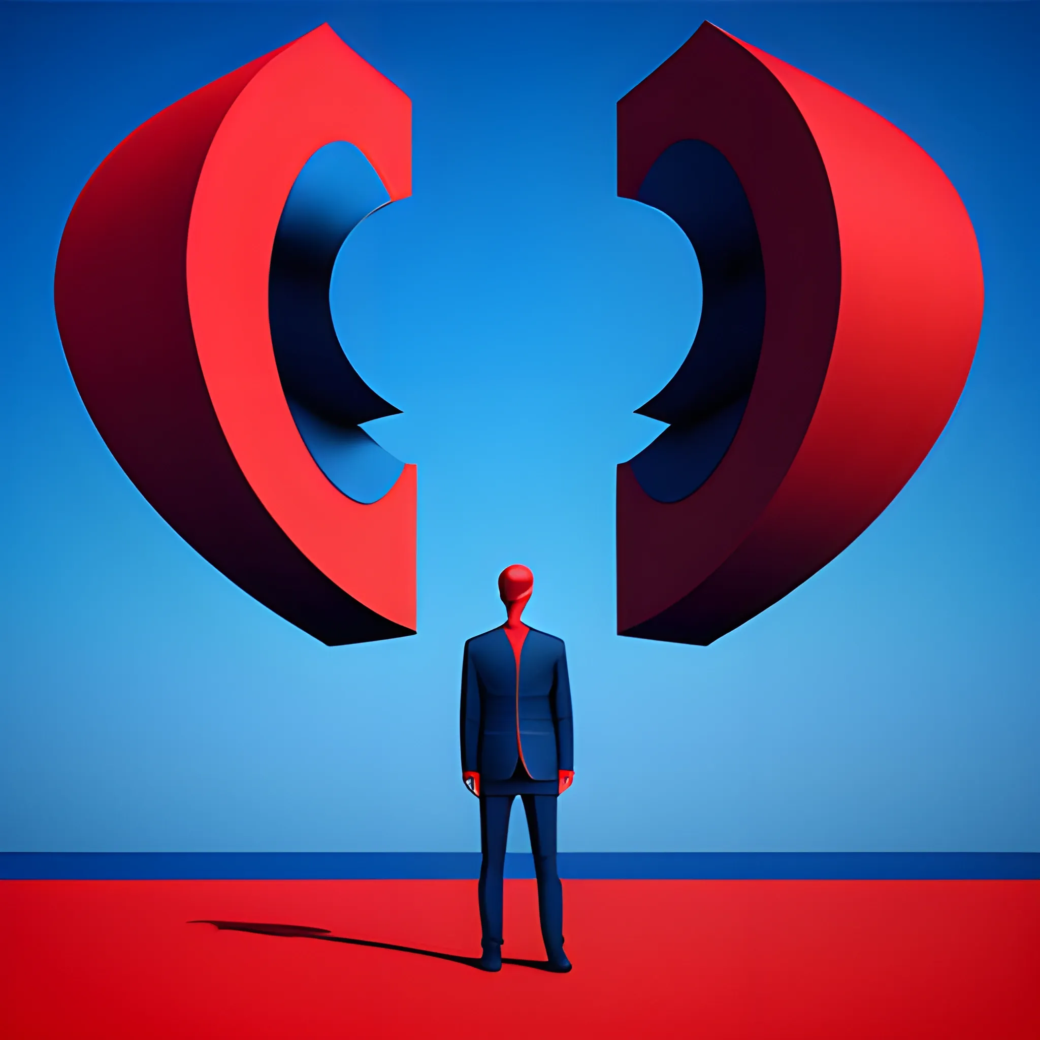 Symbol of a man standing in the style of surreal architectural landscape, dark blue and red, striking digital surreal, surreal portrait --q 2 --s 750 --v 5.1, , 3D