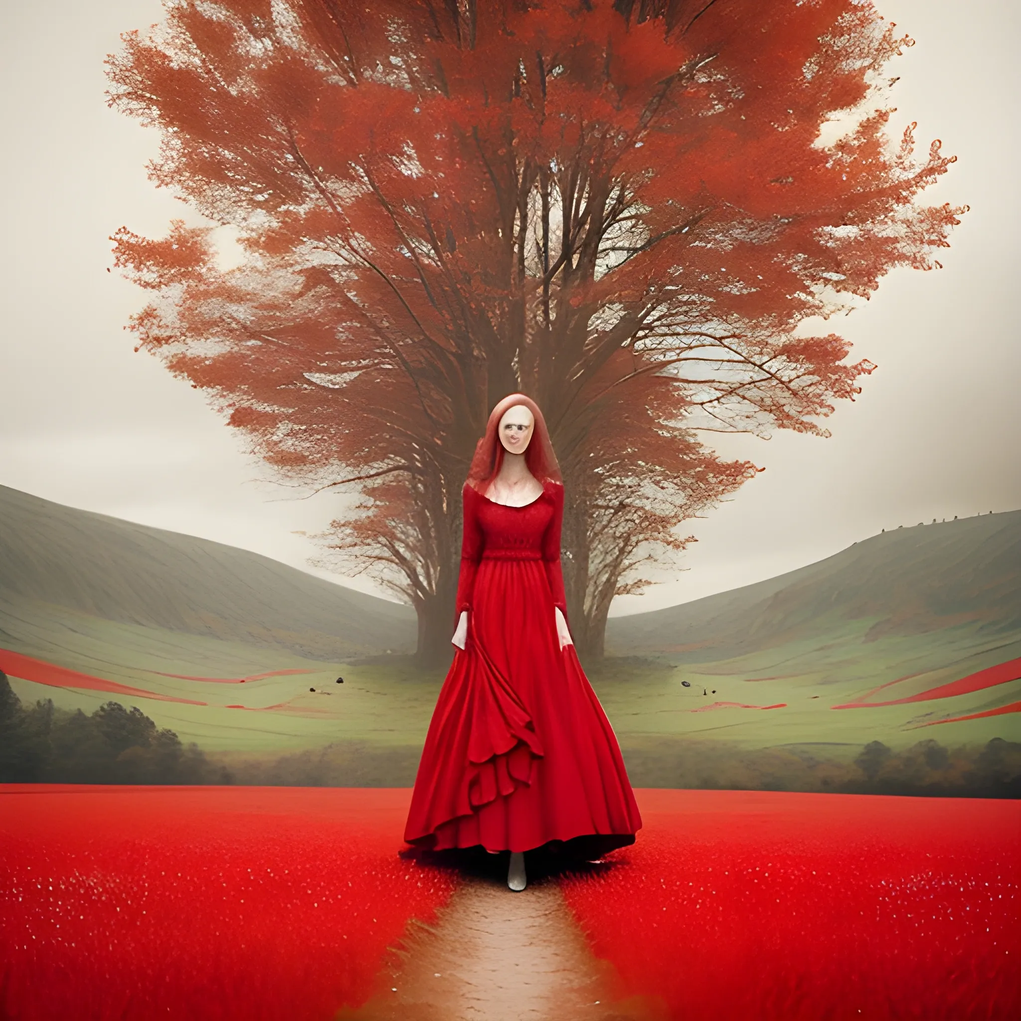 a woman dressed in red standing in the middle of a red table clothe, in the style of jessica drossin, poetic landscapes, loretta lux, captivating landscapes, atmospheric installations, annie leibovitz, fairytale-inspired --ar 5:6 --q 2 --s 750 --v 5.1 --style raw