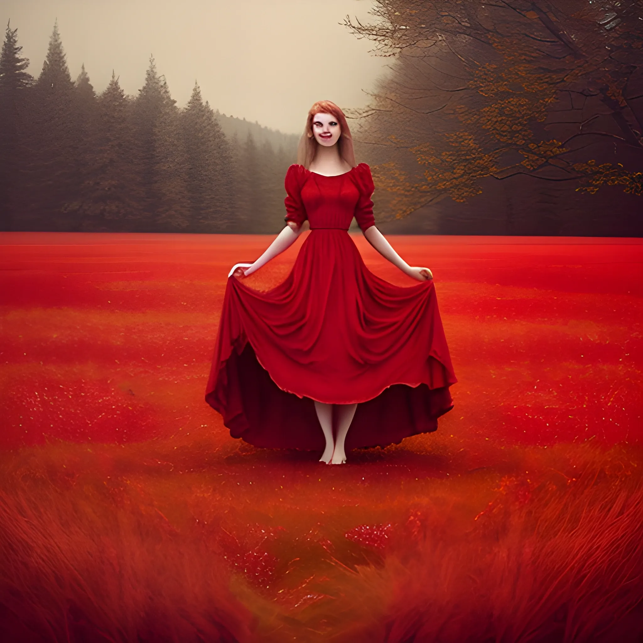 a woman dressed in red standing in the middle of a red table clothe, in the style of jessica drossin, poetic landscapes, loretta lux, captivating landscapes, atmospheric installations, annie leibovitz, fairytale-inspired --ar 5:6 --q 2 --s 750 --v 5.1 --style raw