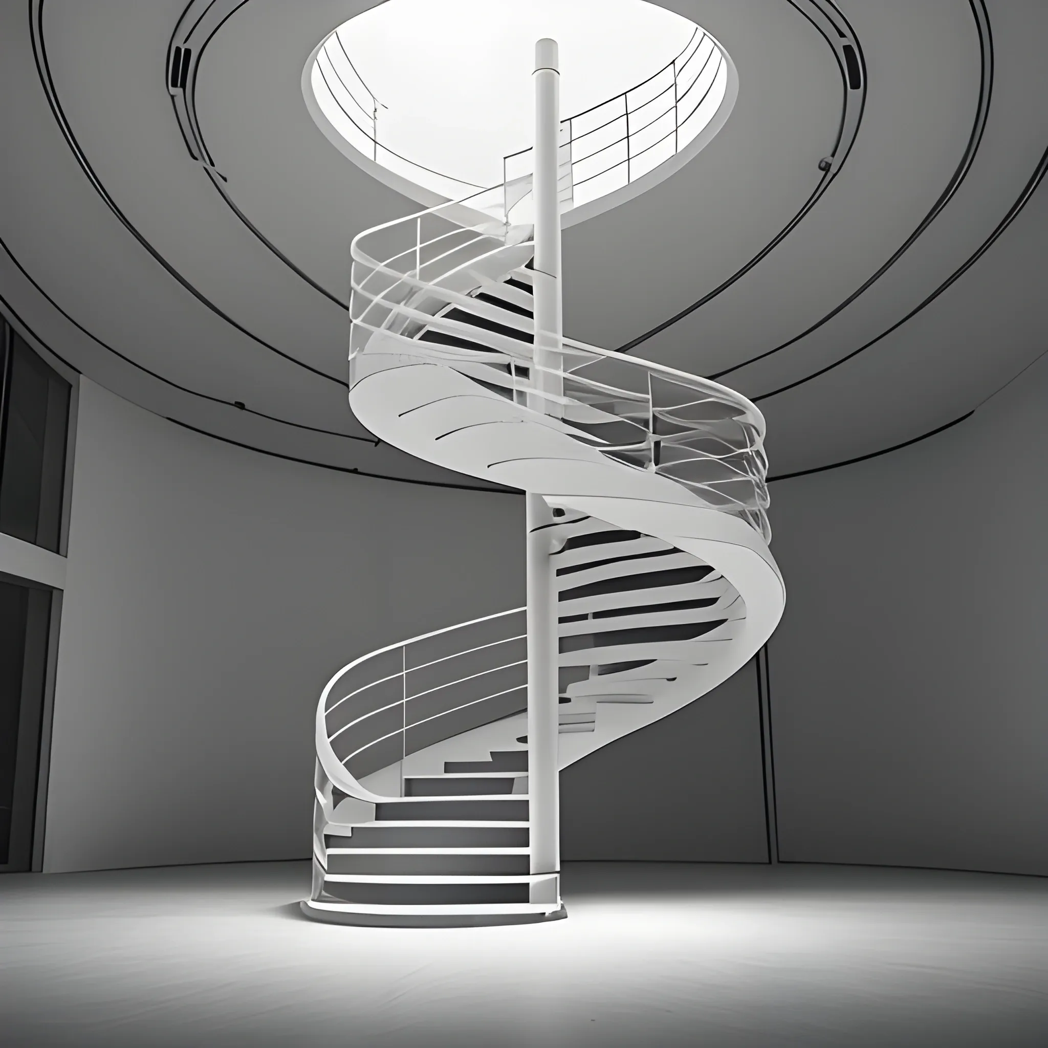 a person is walking through an empty building with spiral stairs on either side, in the style of ethereal cloudscapes, interactive installation, ambient occlusion, i can't believe how beautiful this is, naturalistic renderings, minimalist stage designs, design/architecture study --ar 3:4 --q 2 --s 750 --v 5.1