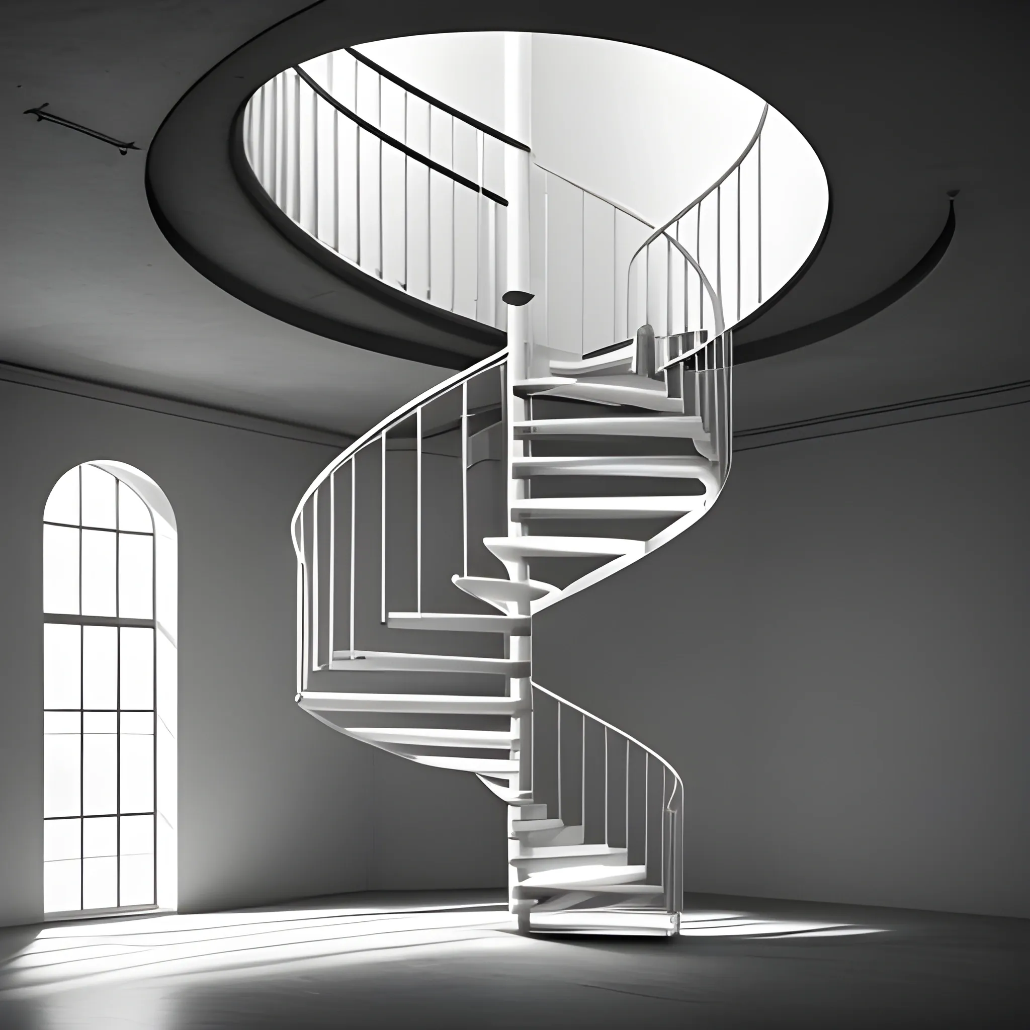 a person is walking through an empty building with spiral stairs on either side, in the style of ethereal cloudscapes, interactive installation, ambient occlusion, i can't believe how beautiful this is, naturalistic renderings, minimalist stage designs, design/architecture study --ar 3:4 --q 2 --s 750 --v 5.1, Trippy