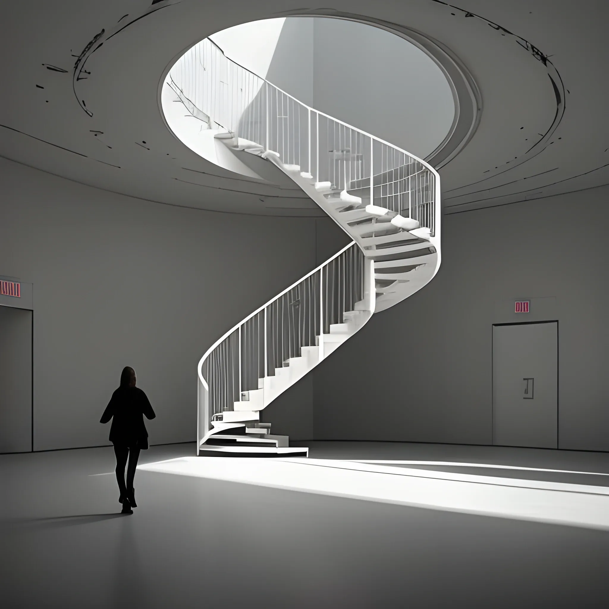 a person is walking through an empty building with spiral stairs on either side, in the style of ethereal cloudscapes, interactive installation, ambient occlusion, i can't believe how beautiful this is, naturalistic renderings, minimalist stage designs, design/architecture study --ar 3:4 --q 2 --s 750 --v 5.1, Trippy, Water Color