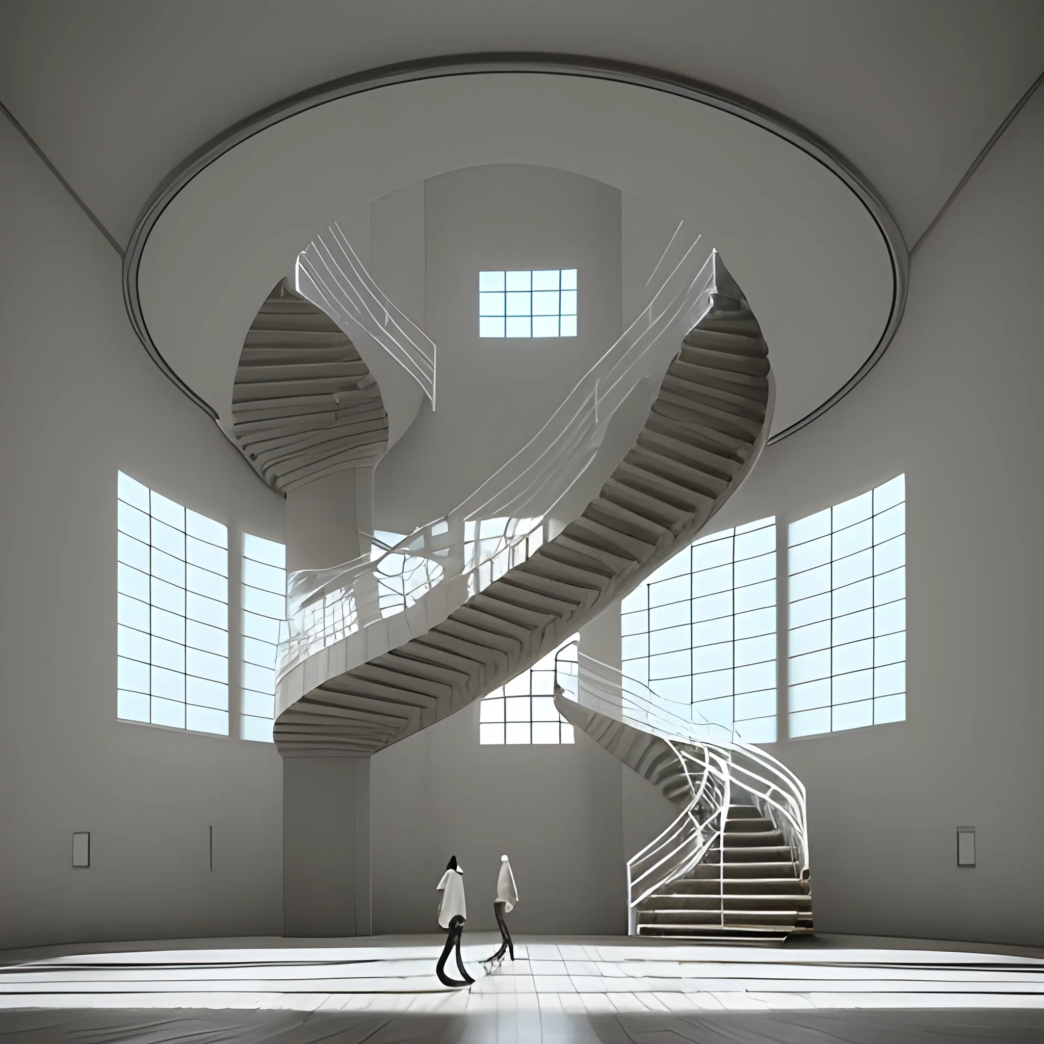 a person is walking through an empty building with spiral stairs on either side, in the style of ethereal cloudscapes, interactive installation, ambient occlusion, i can't believe how beautiful this is, naturalistic renderings, minimalist stage designs, design/architecture study --ar 3:4 --q 2 --s 750 --v 5.1, Trippy, Water Color