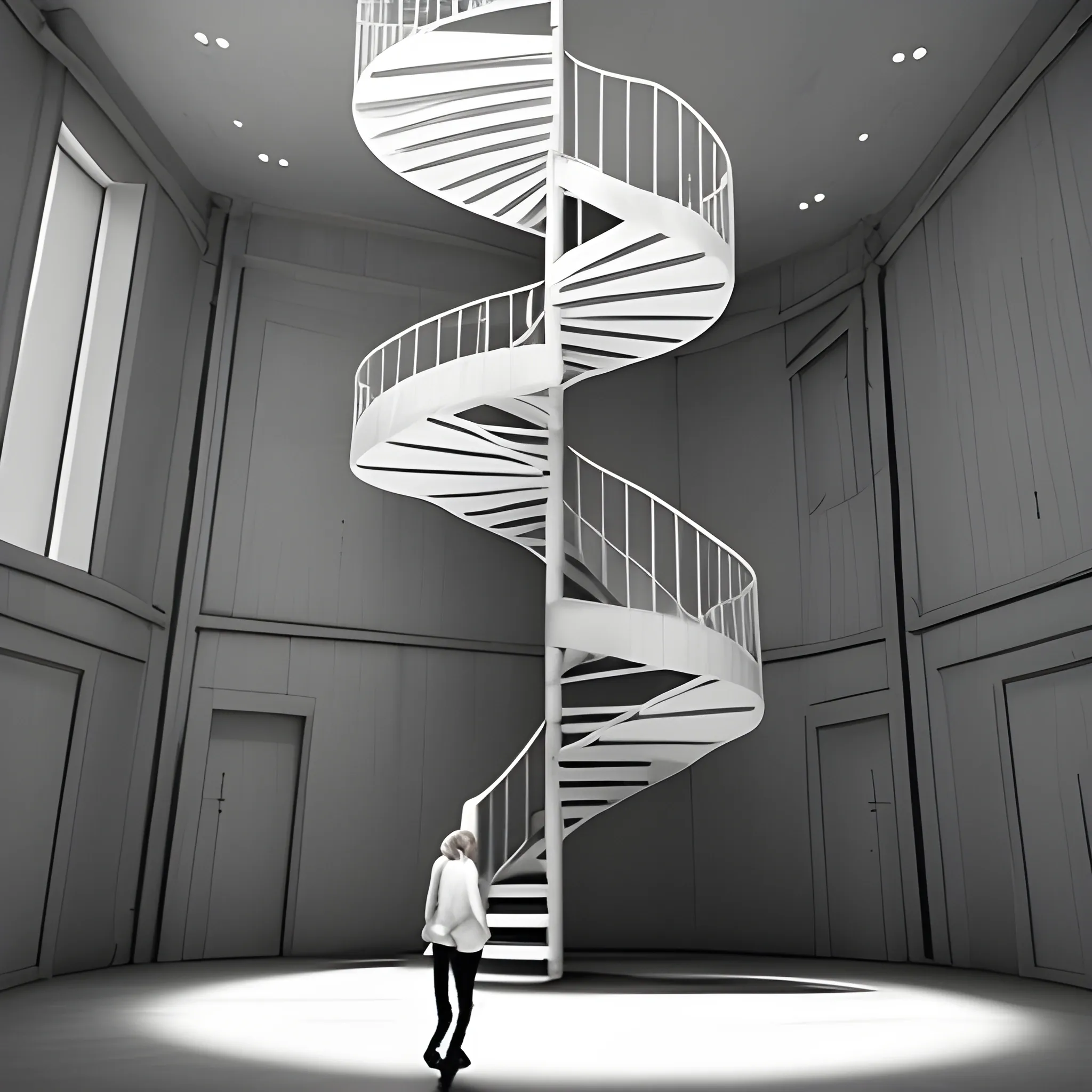 a person is walking through an empty building with spiral stairs on either side, in the style of ethereal cloudscapes, interactive installation, ambient occlusion, i can't believe how beautiful this is, naturalistic renderings, minimalist stage designs, design/architecture study --ar 3:4 --q 2 --s 750 --v 5.1, Trippy, Water Color