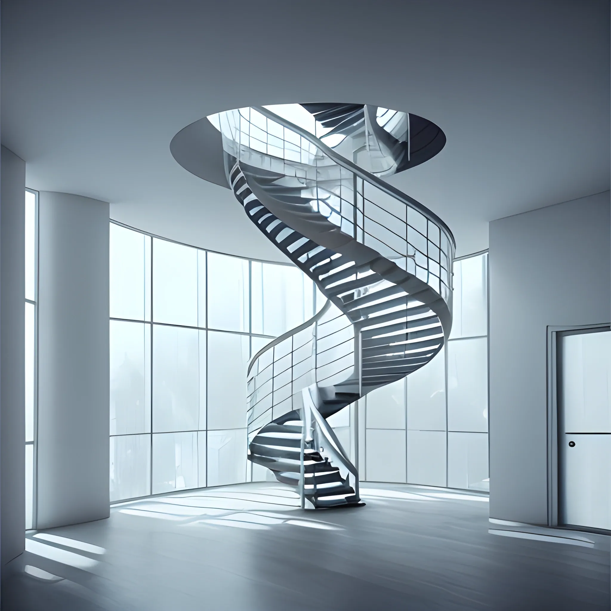 a person is walking through an empty building with spiral stairs on either side, in the style of ethereal cloudscapes, interactive installation, ambient occlusion, i can't believe how beautiful this is, naturalistic renderings, minimalist stage designs, design/architecture study --ar 3:4 --q 2 --s 750 --v 5.1, Trippy, Water Color