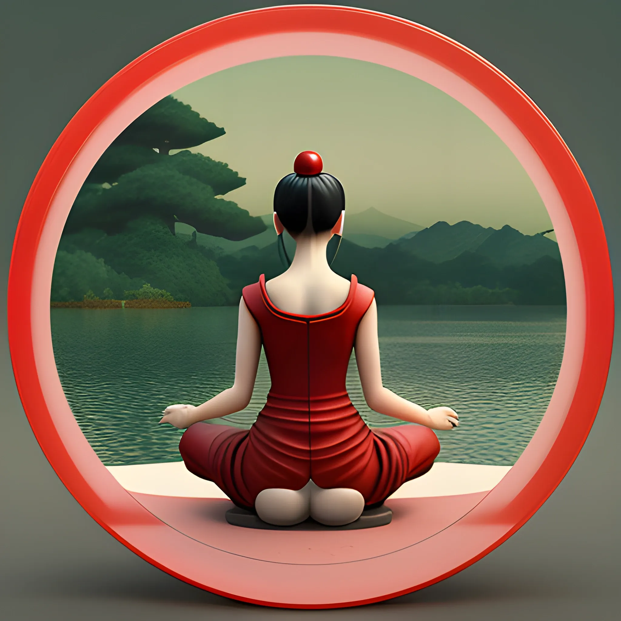 image of woman sitting in a red circle around something, in the style of japanese-style landscapes, minimal sculpture, daz3d, classical balance, matte photo, high quality photo --q 2 --s 750 --v 5.1, Water Color