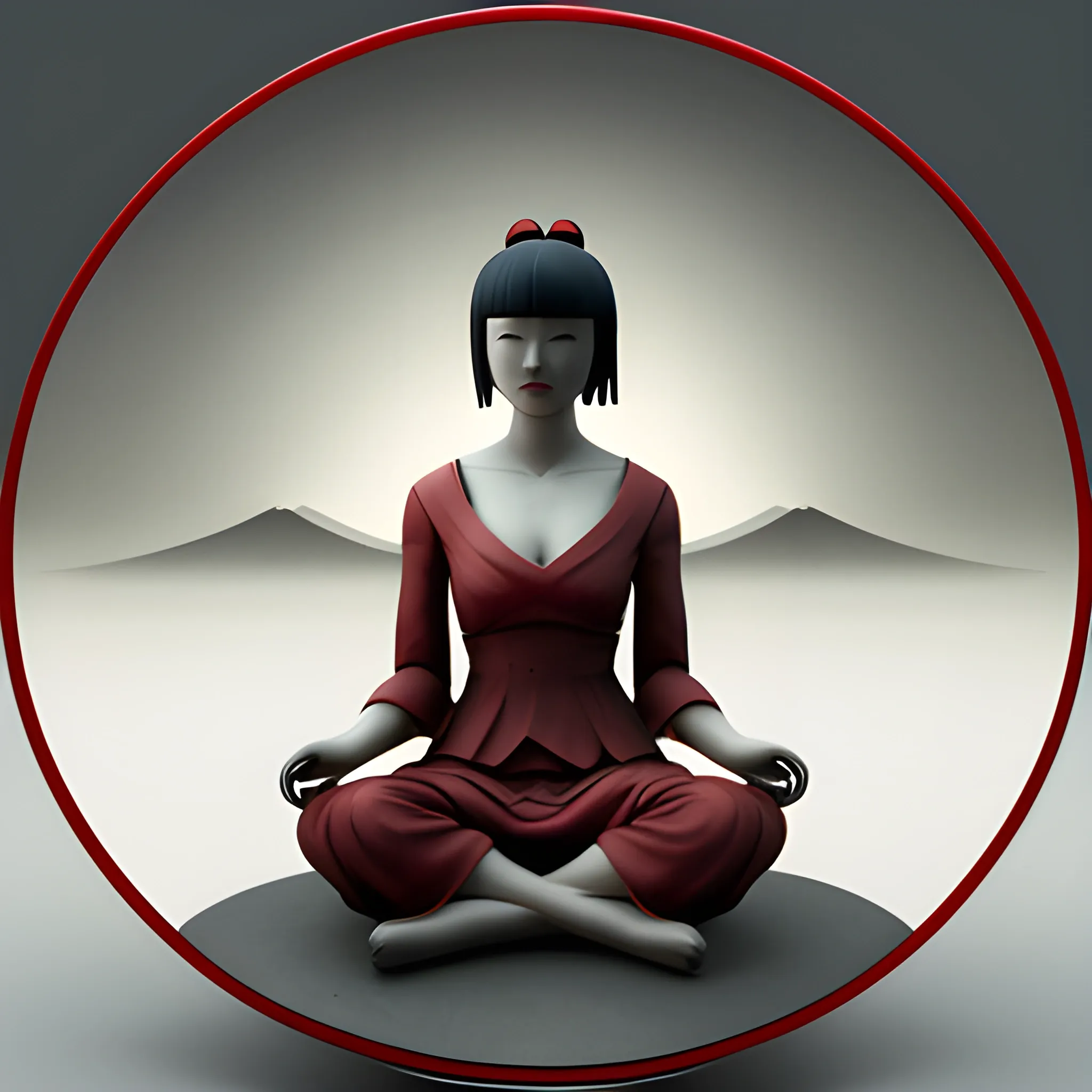 A large space, image of woman sitting in a red circle around something, in the style of japanese-style landscapes, minimal sculpture, daz3d, classical balance, matte photo, high quality photo --q 2 --s 750 --v 5.1, 