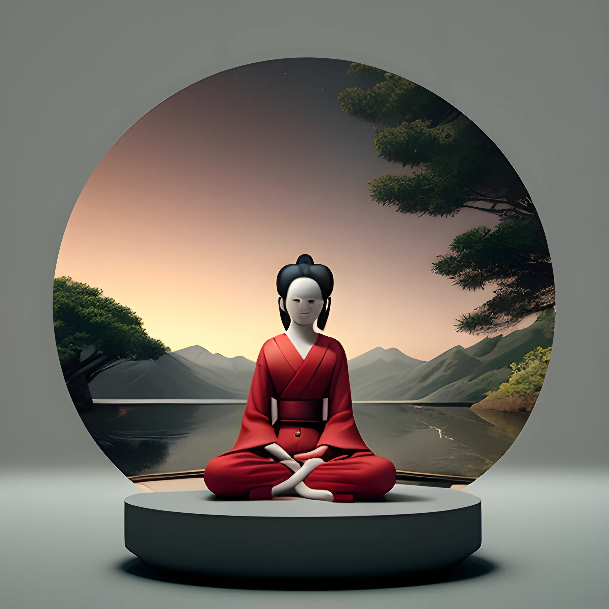 A large space, image of woman sitting in a red circle around something, in the style of japanese-style landscapes, minimal sculpture, daz3d, classical balance, matte photo, high quality photo --q 2 --s 750 --v 5.1, 