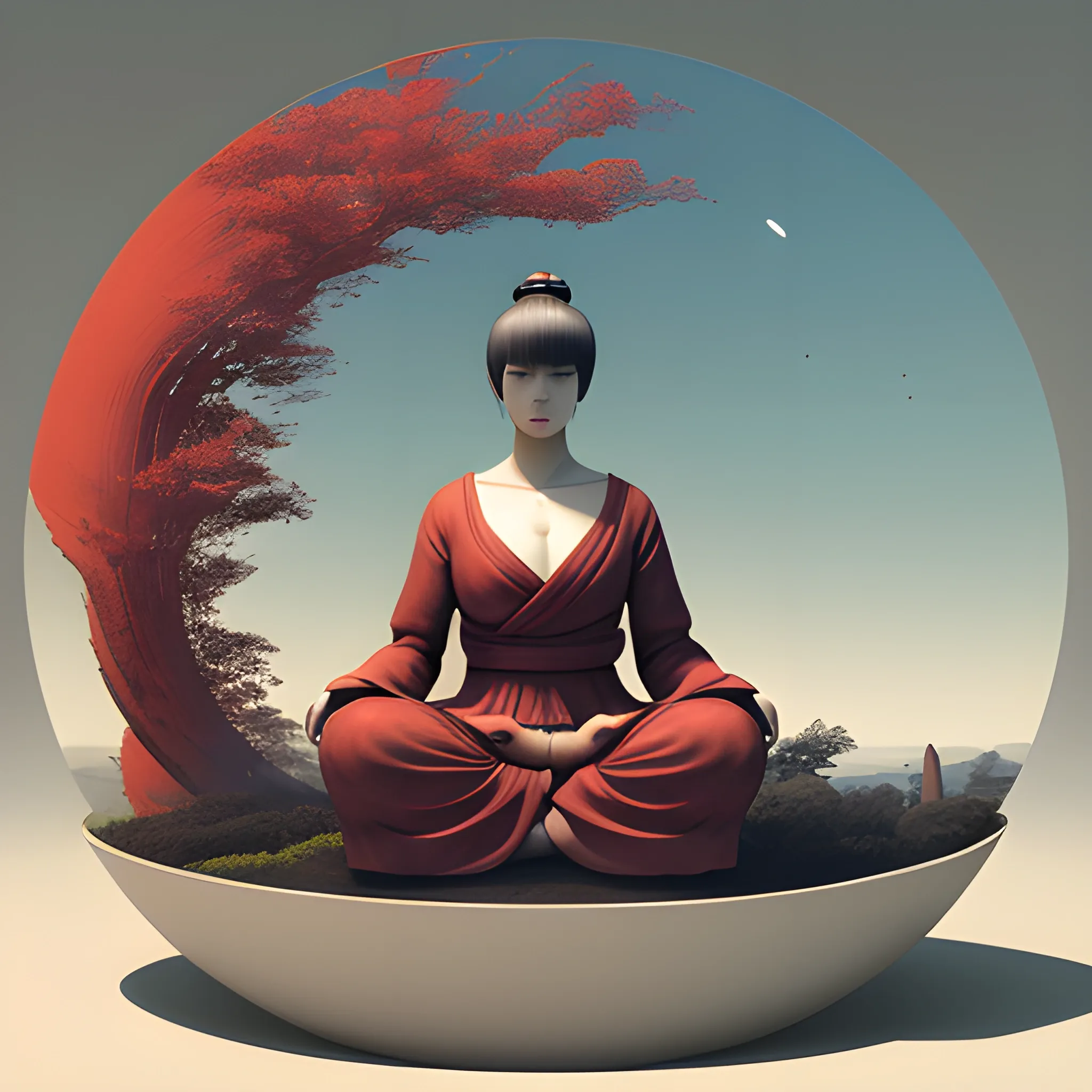 A large space, image of woman sitting in a red circle around something, in the style of japanese-style landscapes, minimal sculpture, daz3d, classical balance, matte photo, high quality photo --q 2 --s 750 --v 5.1, 