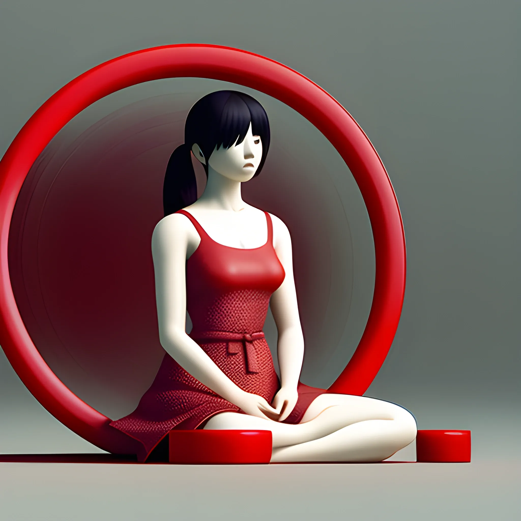 A large space, image of woman sitting in a red circle around something, in the style of japanese-style landscapes, minimal sculpture, daz3d, classical balance, matte photo, high quality photo --q 2 --s 750 --v 5.1, 