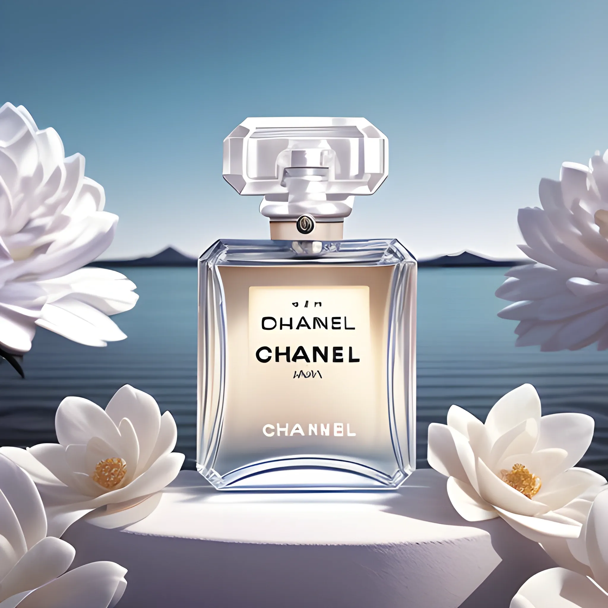 chanel edp on the water in a desert, in the style of rendered in maya, art of tonga, vray, dark white and light azure, made of flowers, high resolution, soft, romantic landscapes --ar 58:77 --q 2 --v 5