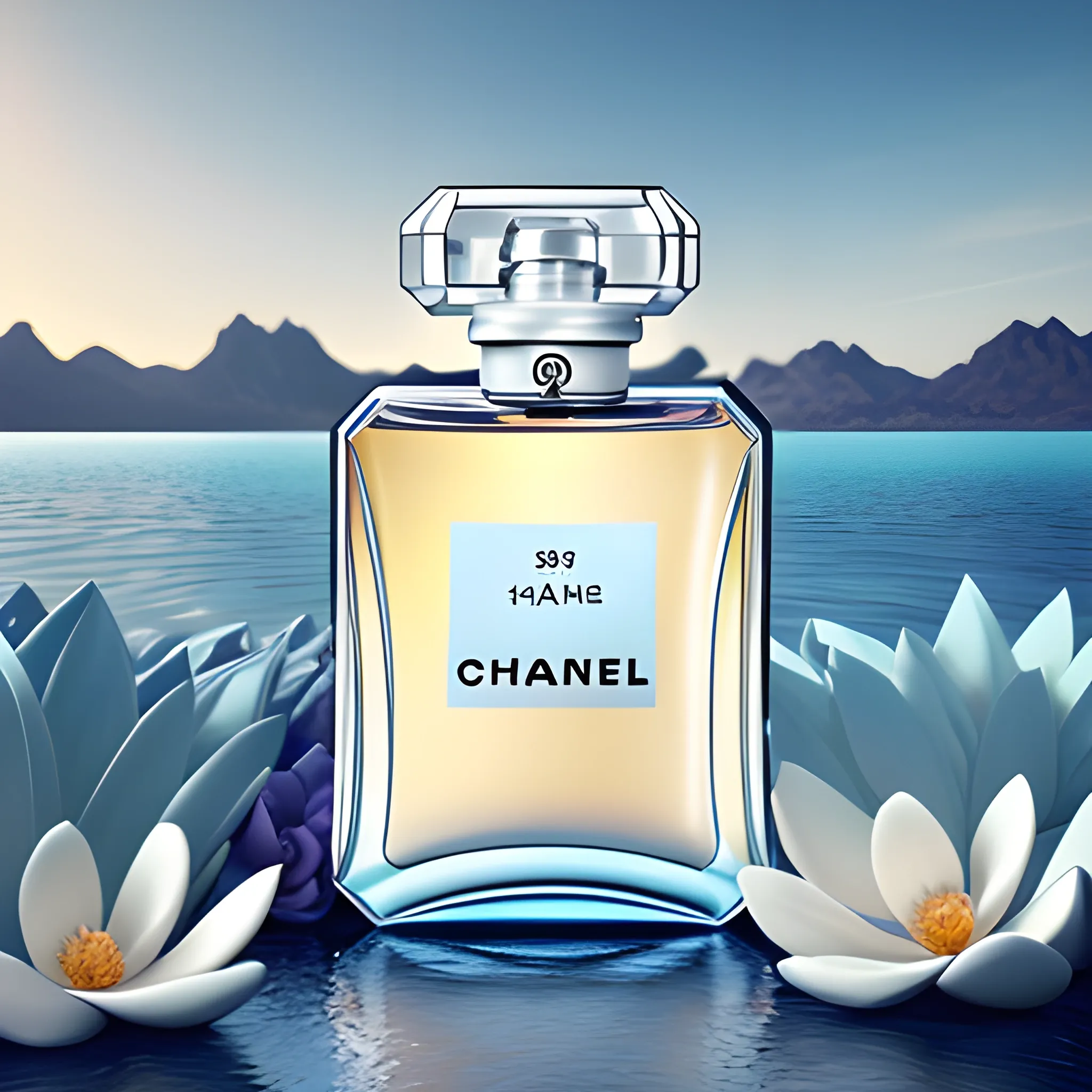 chanel edp on the water in a desert, in the style of rendered in maya, art of tonga, vray, dark white and light azure, made of flowers, high resolution, soft, romantic landscapes --ar 58:77 --q 2 --v 5