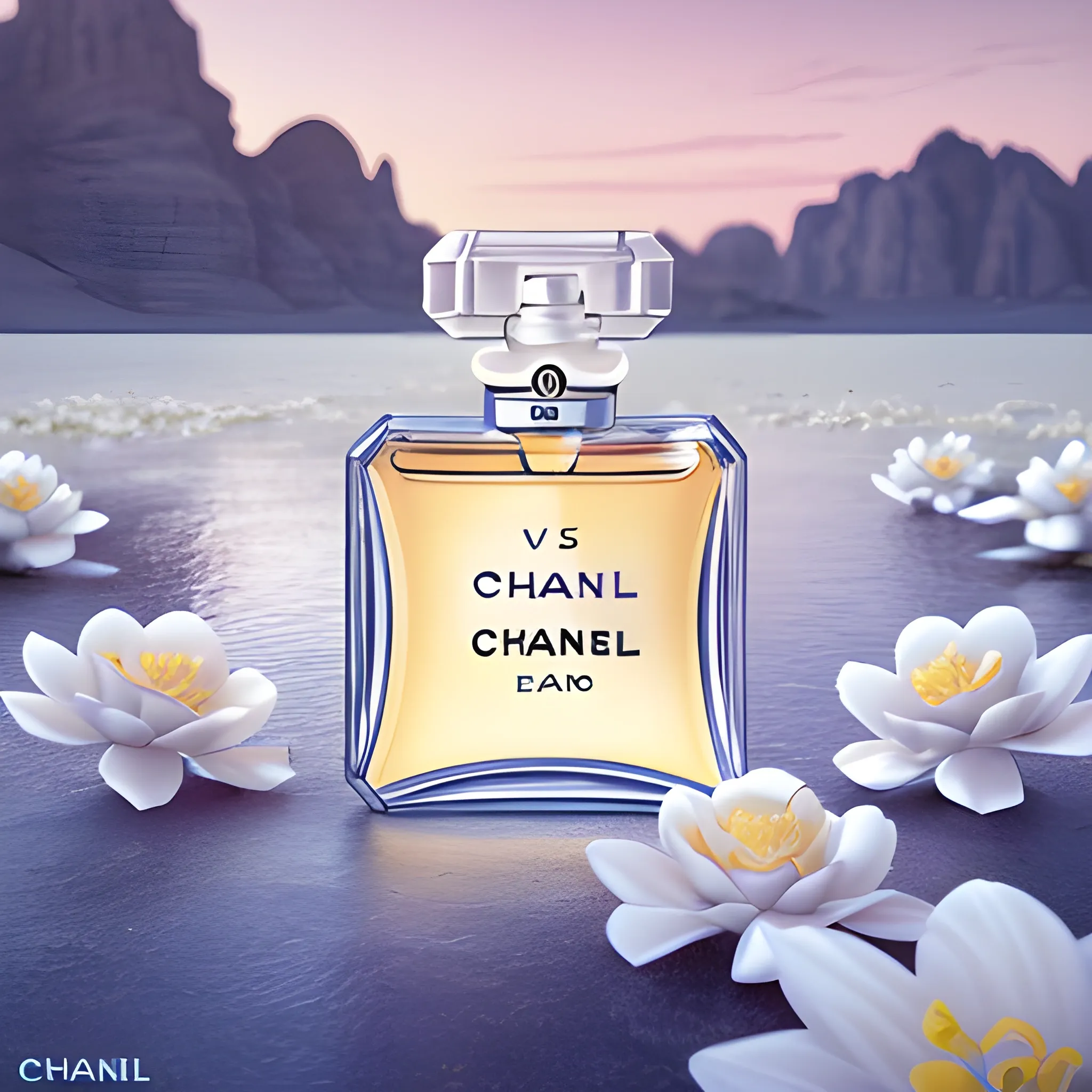 chanel edp on the water in a desert, in the style of rendered in maya, art of tonga, vray, dark white and light azure, made of flowers, high resolution, soft, romantic landscapes --ar 58:77 --q 2 --v 5