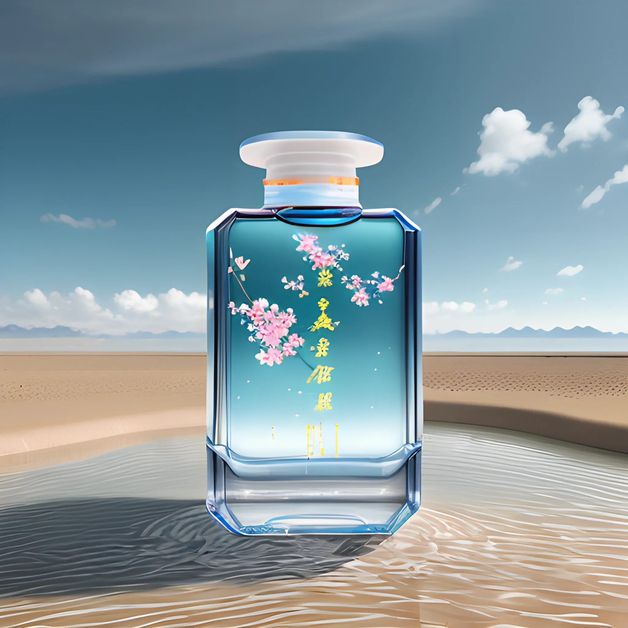 tianshui edp on the water in a desert, in the style of rendered in maya, art of tonga, vray, dark white and light azure, made of flowers, high resolution, soft, romantic landscapes --ar 58:77 --q 2 --v 5