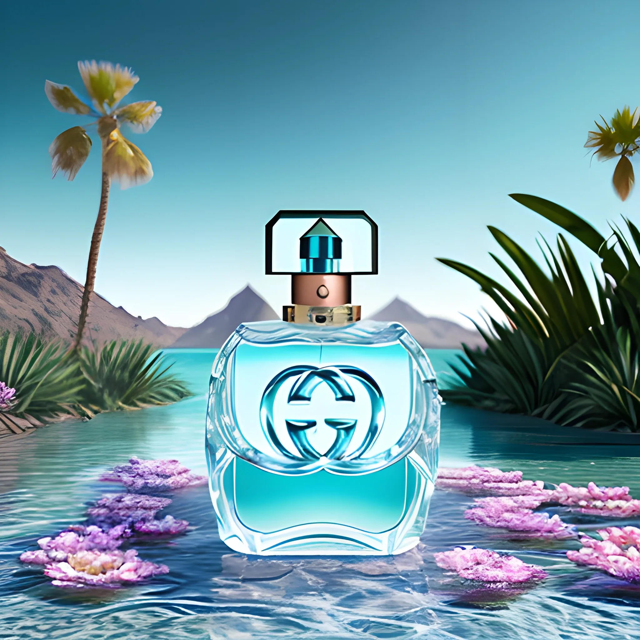 Gucci edp on the water in a desert, in the style of rendered in maya, art of tonga, vray, dark white and light azure, made of flowers, high resolution, soft, romantic landscapes --ar 58:77 --q 2 --v 5