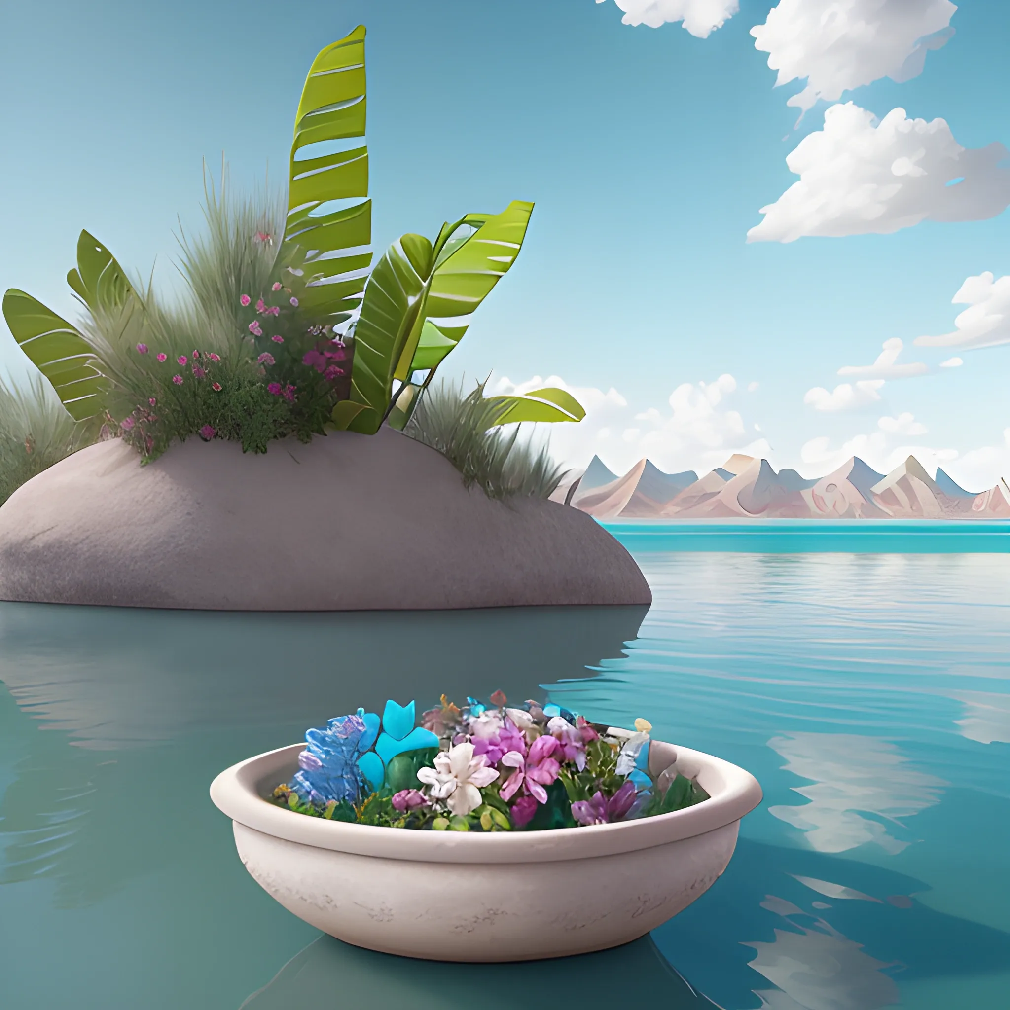 Gucci on the water in a desert, in the style of rendered in maya, art of tonga, vray, dark white and light azure, made of flowers, high resolution, soft, romantic landscapes --ar 58:77 --q 2 --v 5