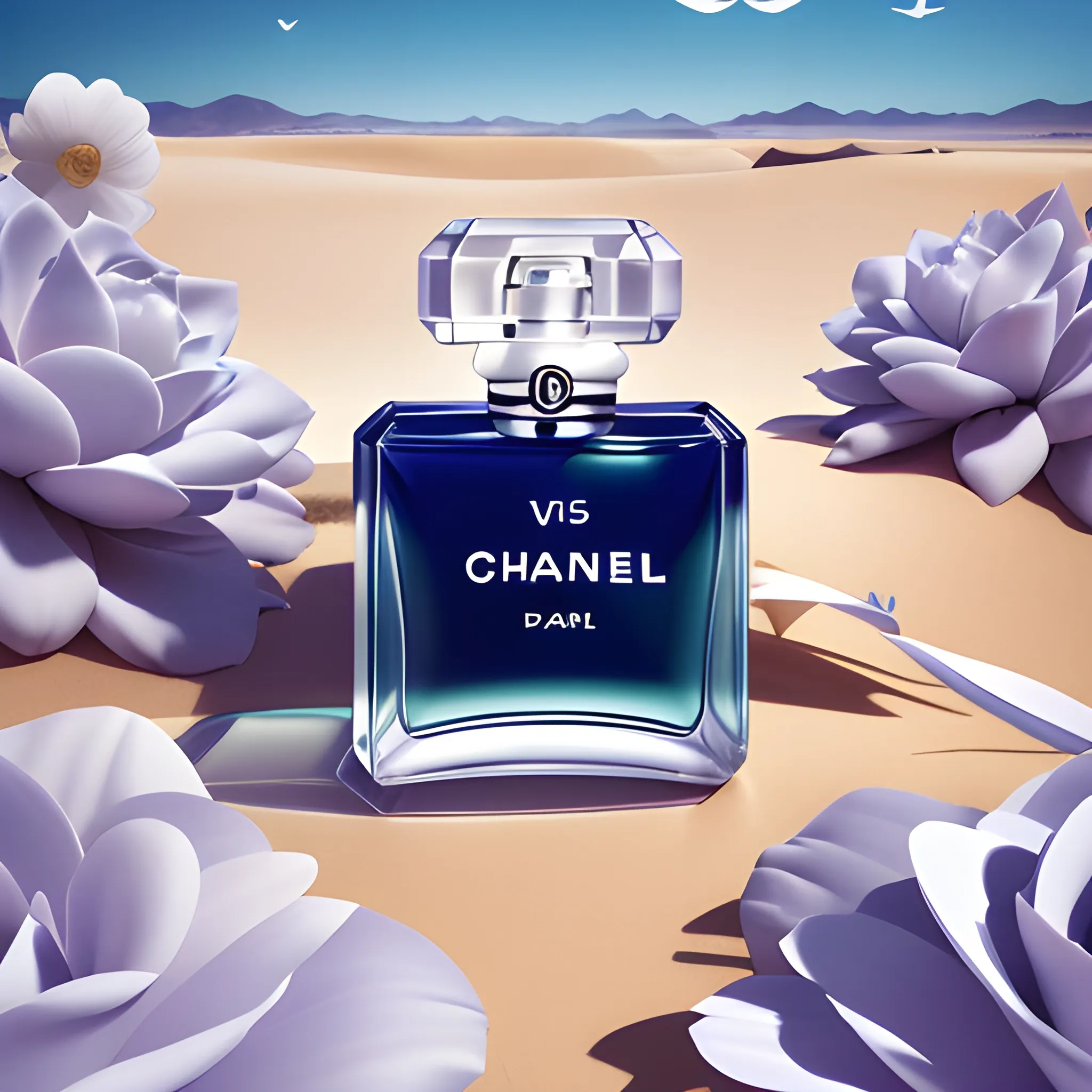 chanel edp on the water in a desert, in the style of rendered in maya, art of tonga, vray, dark white and light azure, made of flowers, high resolution, soft, romantic landscapes --ar 58:77 --q 2 --v 5