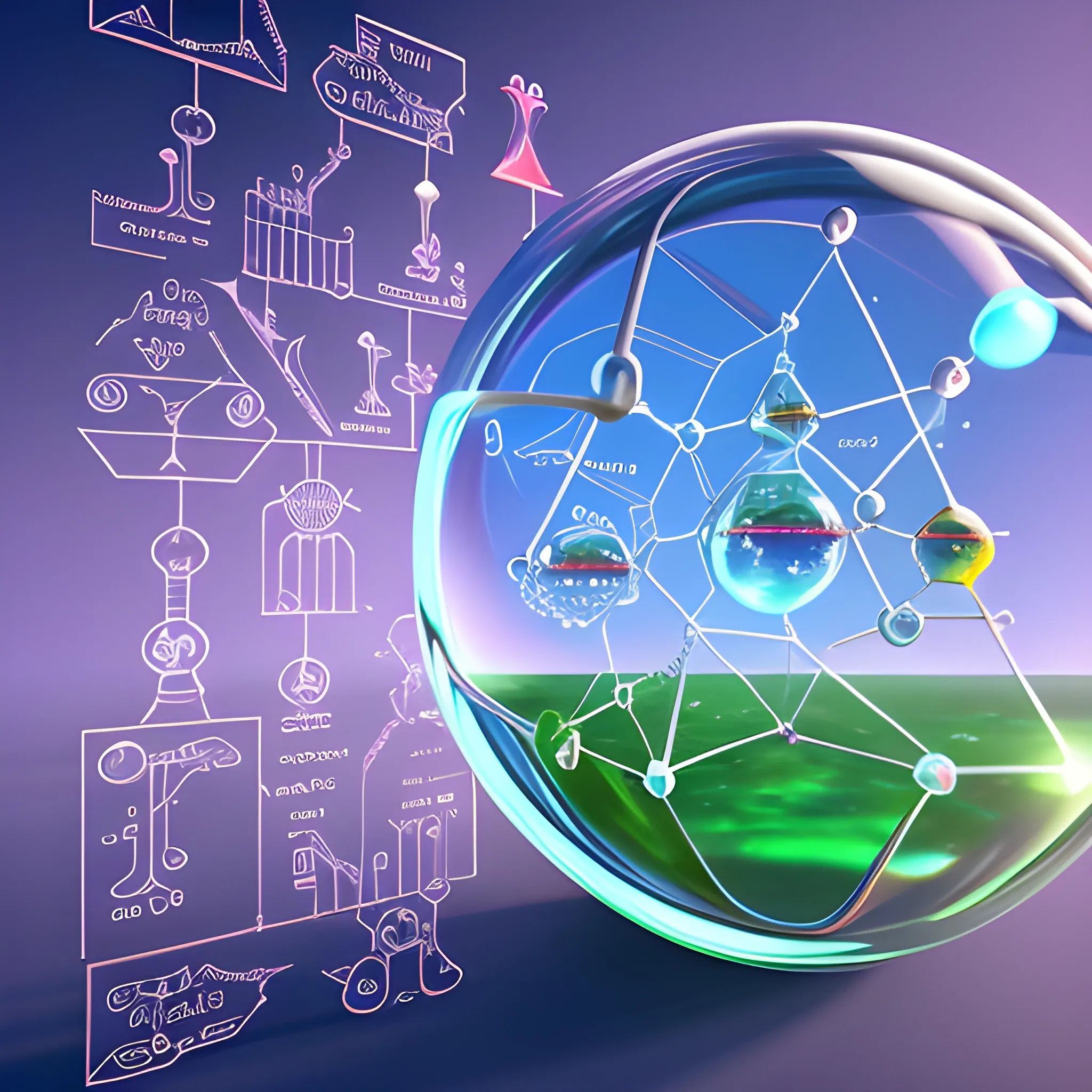 chemistry virtual lab on metaverse surrounding by elements and multiple reactions, Trippy, Cartoon, 3D