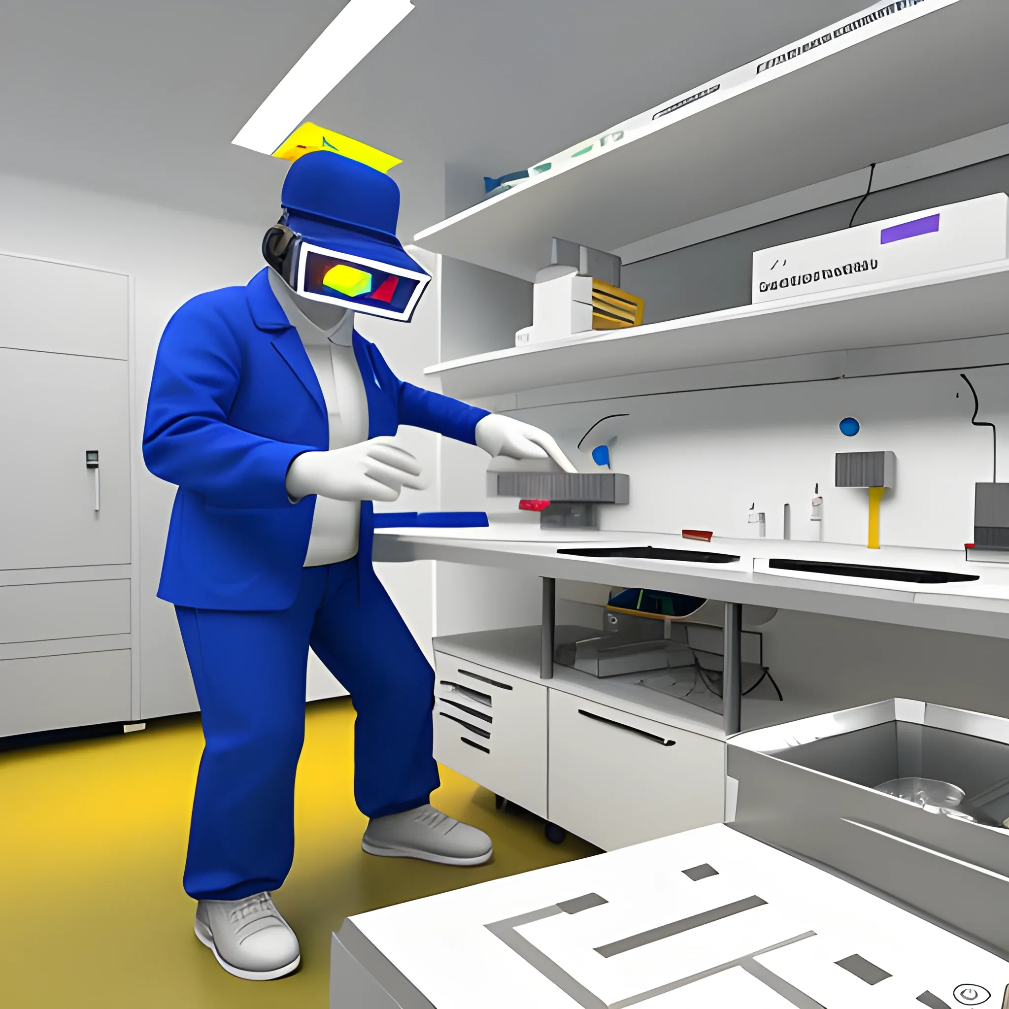 interfaz de un laboratorio quimico virtual en el metaverso, rodeado de reactivos quimicos y material de laboratorio, Cartoon, 3D