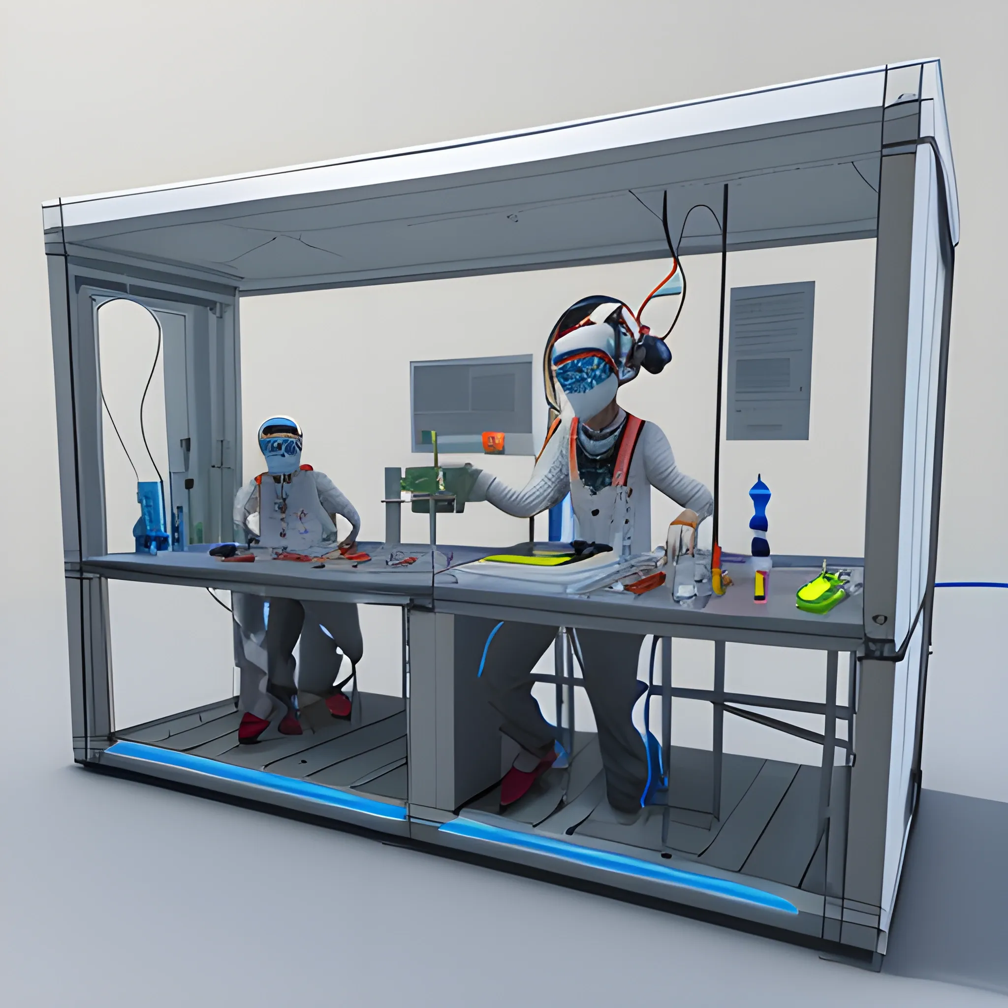 interfaz de un laboratorio quimico virtual en el metaverso, rodeado de reactivos quimicos y material de laboratorio, 3D