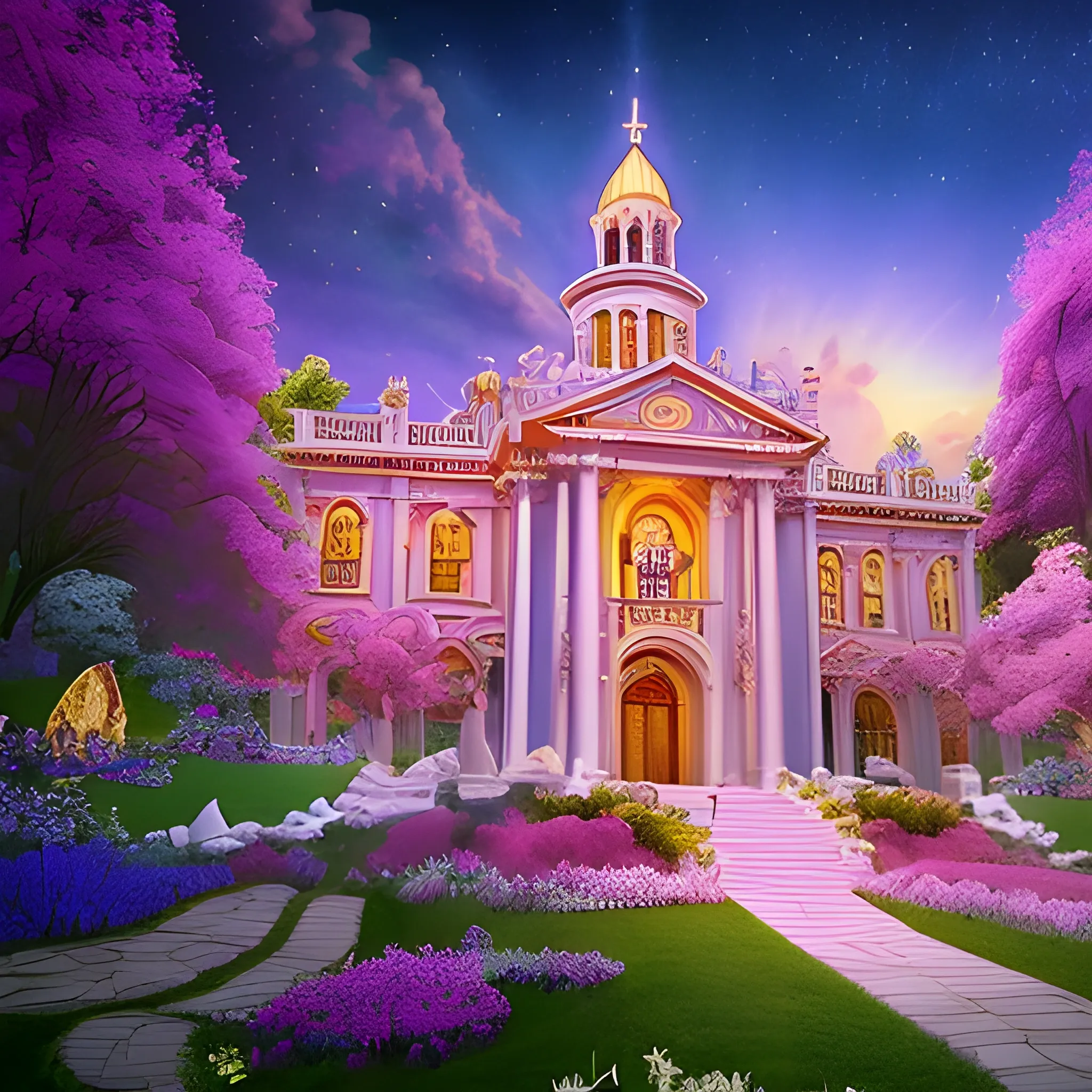 A heavenly landscape with a breathtaking view of a glorious throne surrounded by vibrant beauty, majestic mansions, wonderful creatures, and a symphony of celestial music. The atmosphere exudes purity, joy, and divine serenity. Capture the essence of Heaven with resplendent colors, radiant light, and a sense of awe-inspiring beauty. --ar 16:9 --v 5 --q 1, 3D