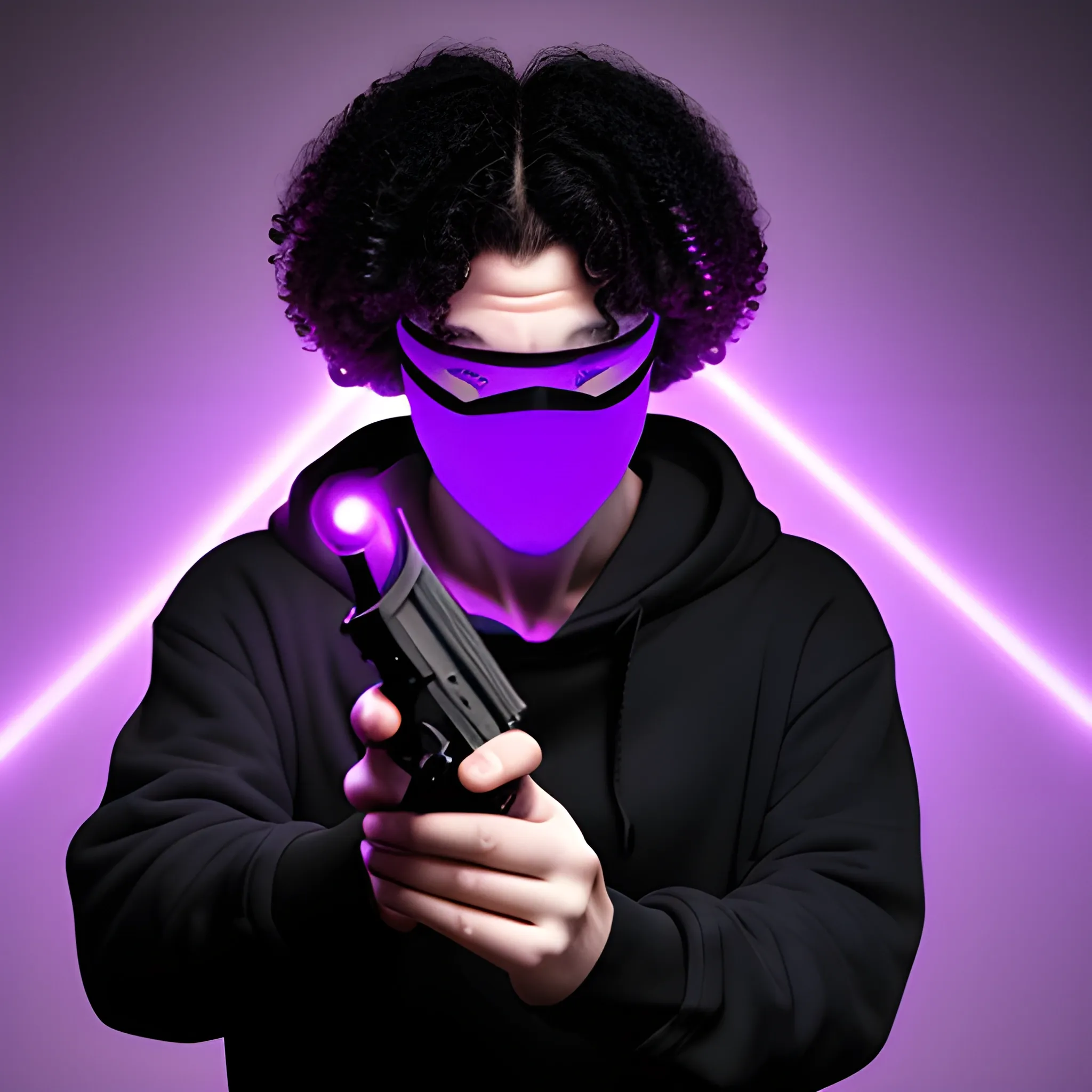 A white man with black curly hair, with a blindfold on, a white hoodie and a look of fear and betrayal on his face, holding a gun. And a purple light from behind him