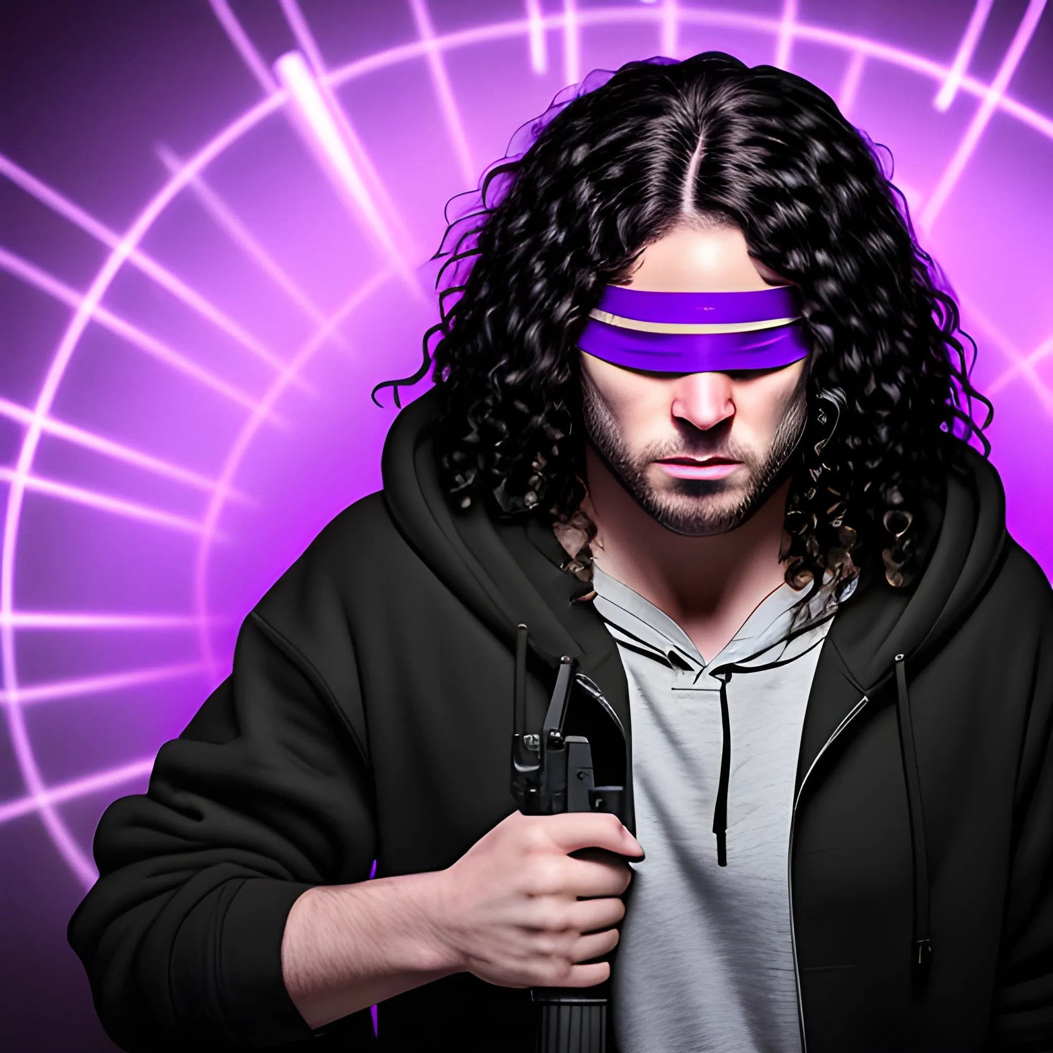 A white man with long black curly hair, with a black blindfold over his eyes on, a white hoodie and a look of fear and betrayal on his face, holding a gun. And a purple light from behind him