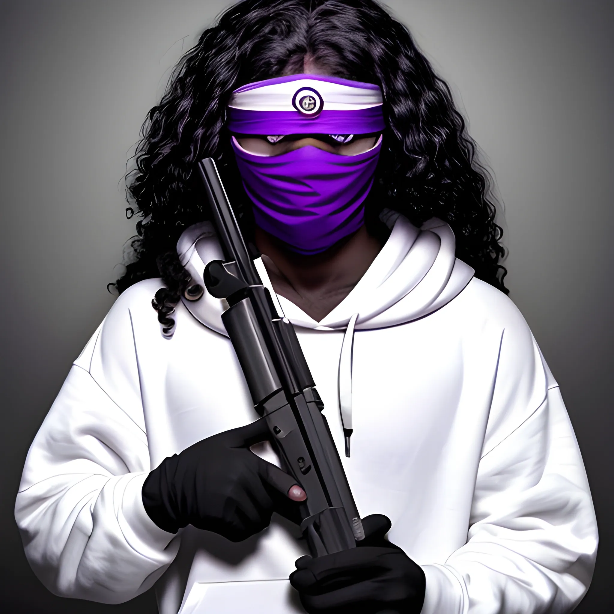 A white man with long black curly hair, with a black blindfold over his eyes on, a white hoodie, black shirt, and a look of fear and betrayal on his face, holding a gun. And a purple light from behind him