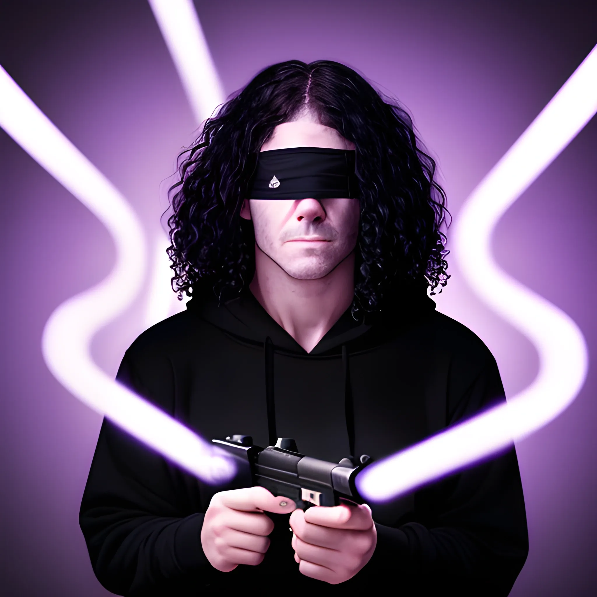A white man with long black curly hair, with a black blindfold over only his eyes on, the rest of his face showing, a white hoodie, black shirt, and a look of fear and betrayal on his face, holding a gun. And a purple light from behind him