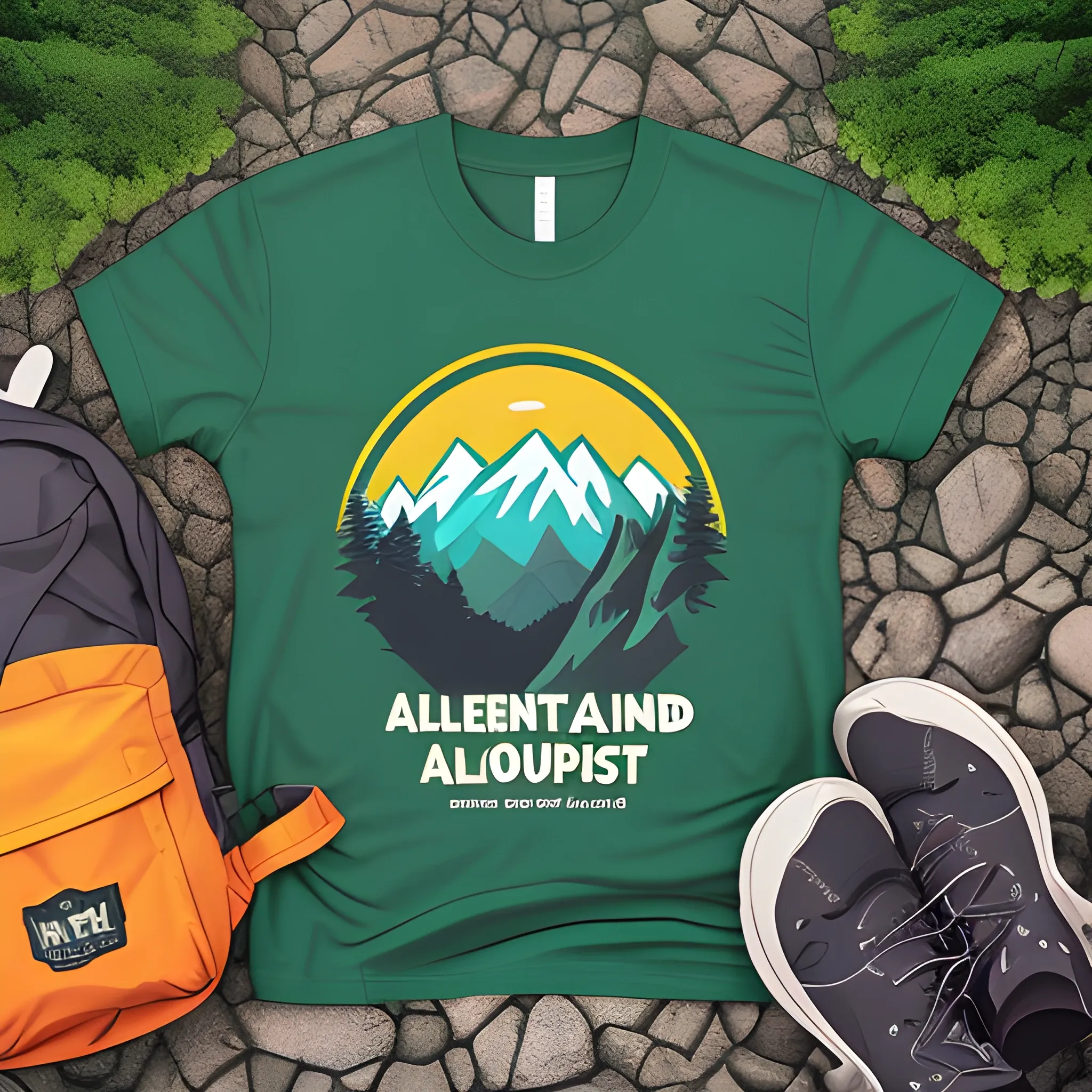 a scenic mountain landscape with a winding trail. Place a hiker wearing a backpack, looking confident and determined.Text: "I'm not lost, I'm just exploring alternative routes" in bold, playful font.vibrant and nature-inspired colors for the design, such as shades of green for the mountains and trees, blue for the sky, and earthy tones for the trail and hiker's outfit. t shirt artwork. sticker artwork, Cartoon