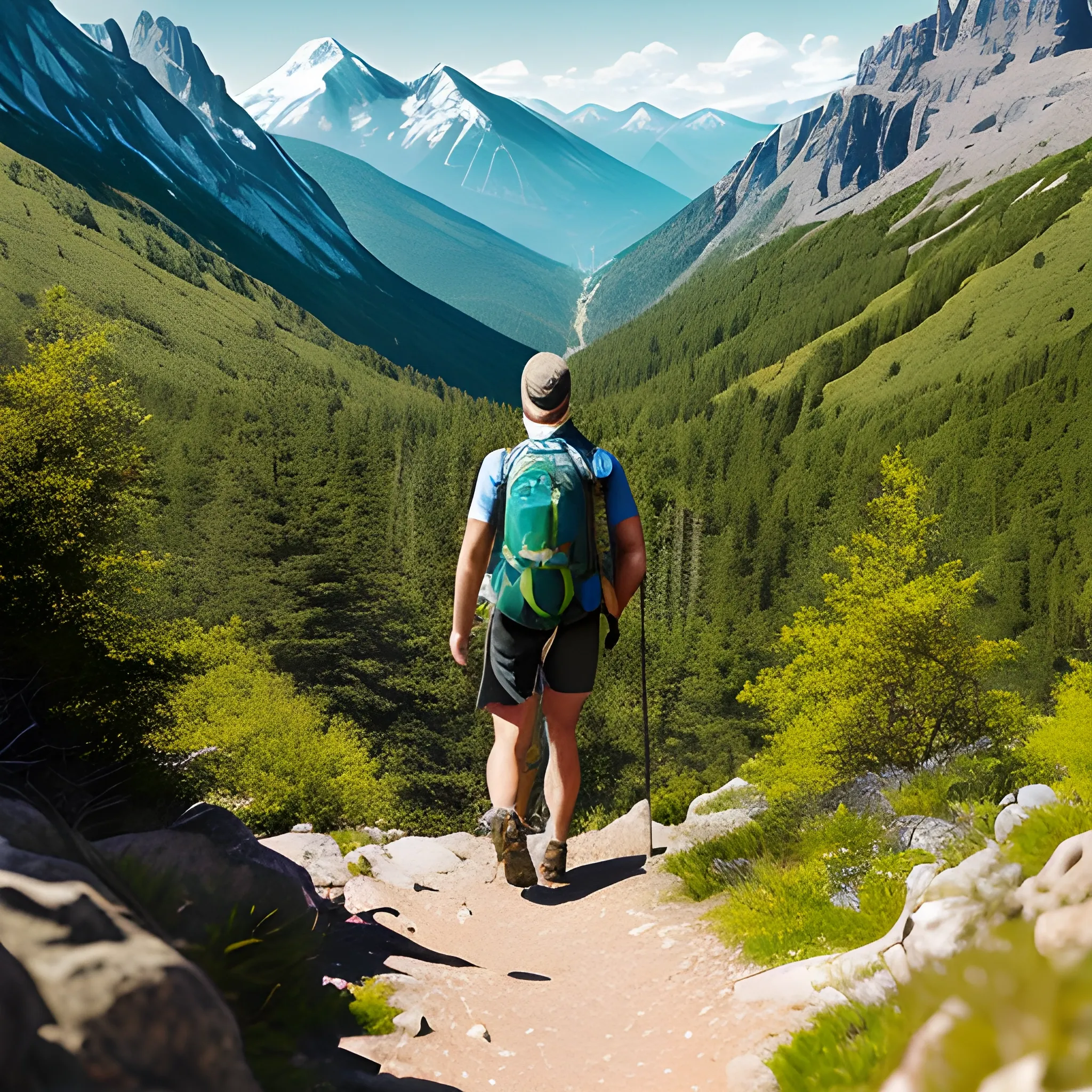 t shirt artwork of a scenic mountain landscape with a winding trail. Place a hiker wearing a backpack, looking confident and determined.Text: "I'm not lost, I'm just exploring alternative routes" in bold, playful font.vibrant and nature-inspired colors for the design, such as shades of green for the mountains and trees, blue for the sky, and earthy tones for the trail and hiker's outfit,