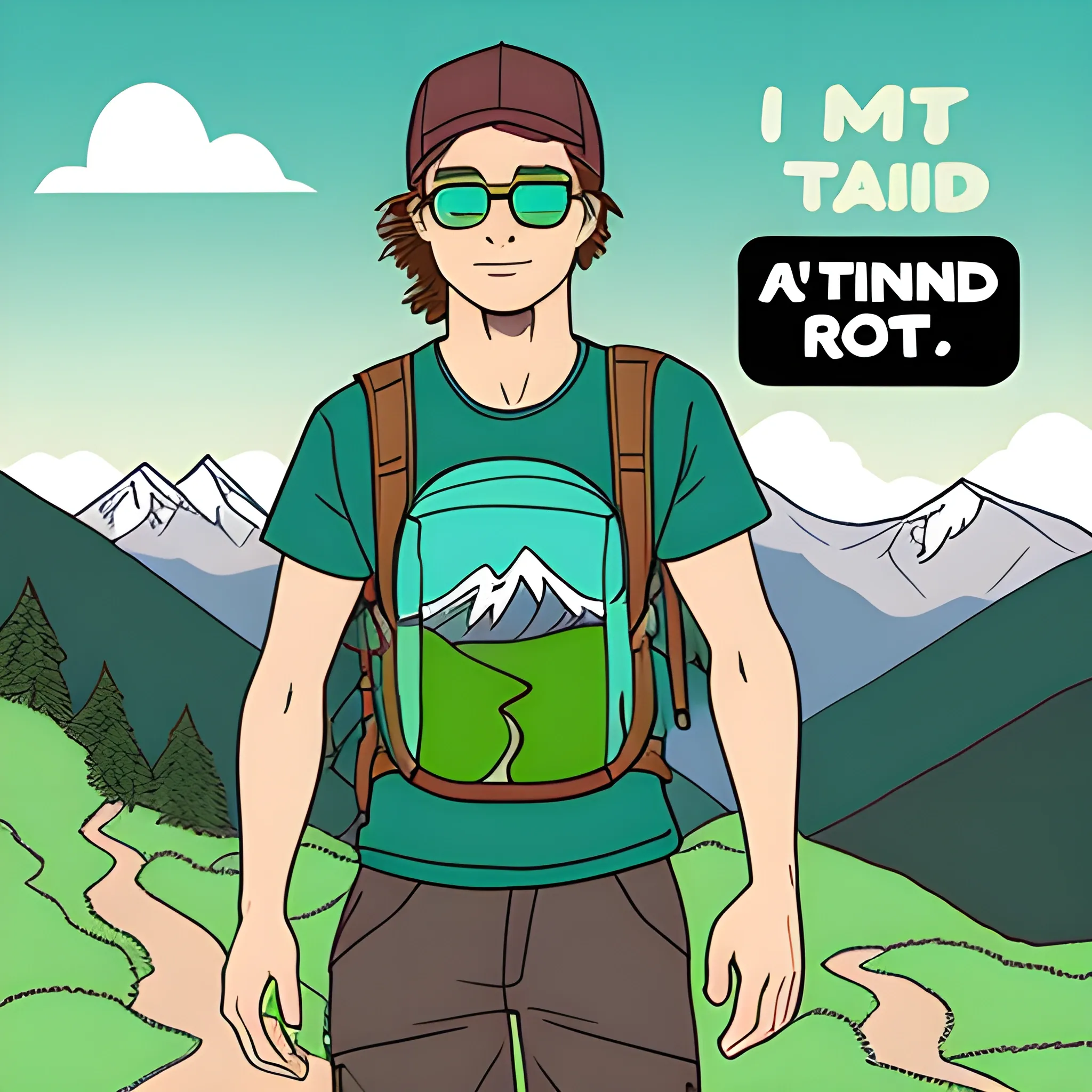 t shirt artwork of a scenic mountain landscape with a winding trail. Place a hiker wearing a backpack, looking confident and determined.Text: "I'm not lost, I'm just exploring alternative routes" in bold, playful font.vibrant and nature-inspired colors for the design, such as shades of green for the mountains and trees, blue for the sky, and earthy tones for the trail and hiker's outfit, Cartoon