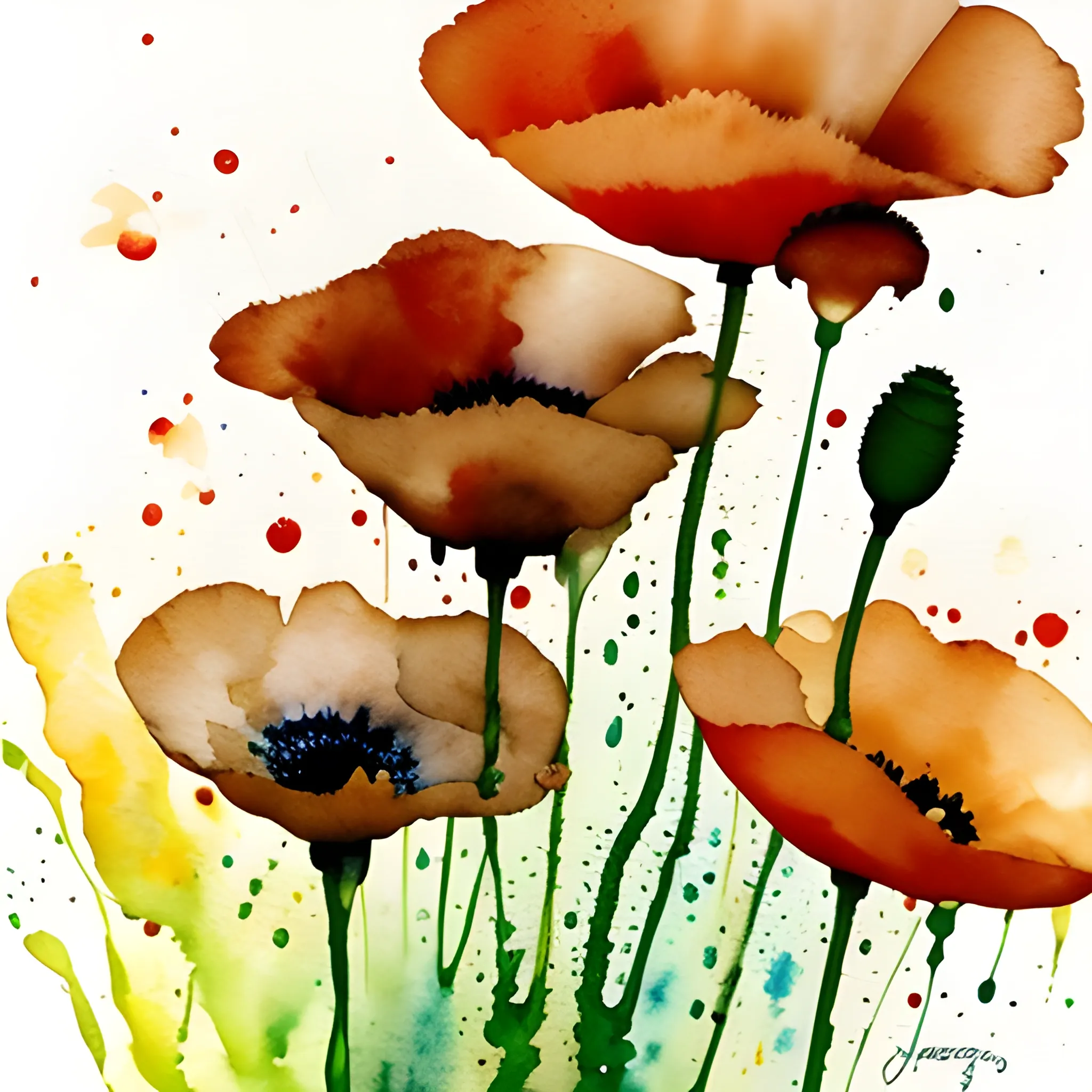 poppies, painterly, granular splatter, ((dripping liquid watercolours)), muted colors, art by jean - baptiste monge, watercolour style, Water Color