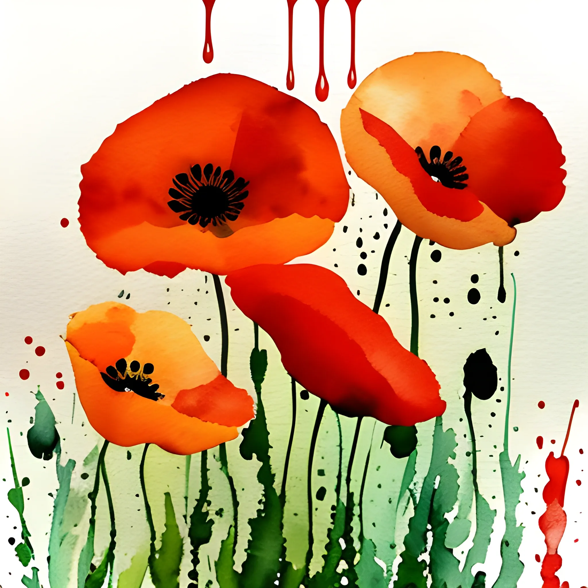 poppies, painterly, granular splatter, ((dripping liquid watercolours)), muted colors, watercolour style, Water Color