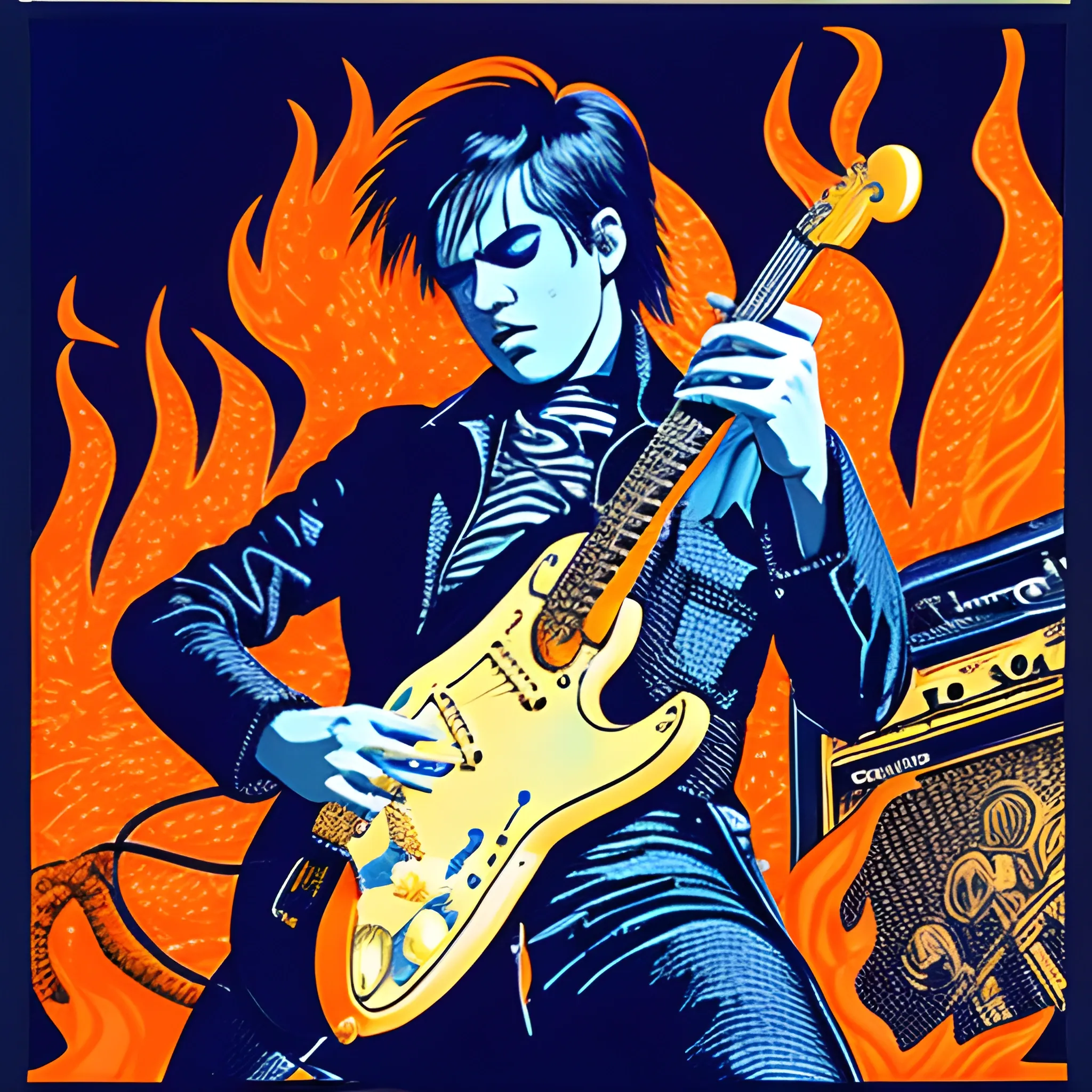 Fender Strat in the middle of fire, post punk, riso print, dungeon synth, in the style of kenneth anger